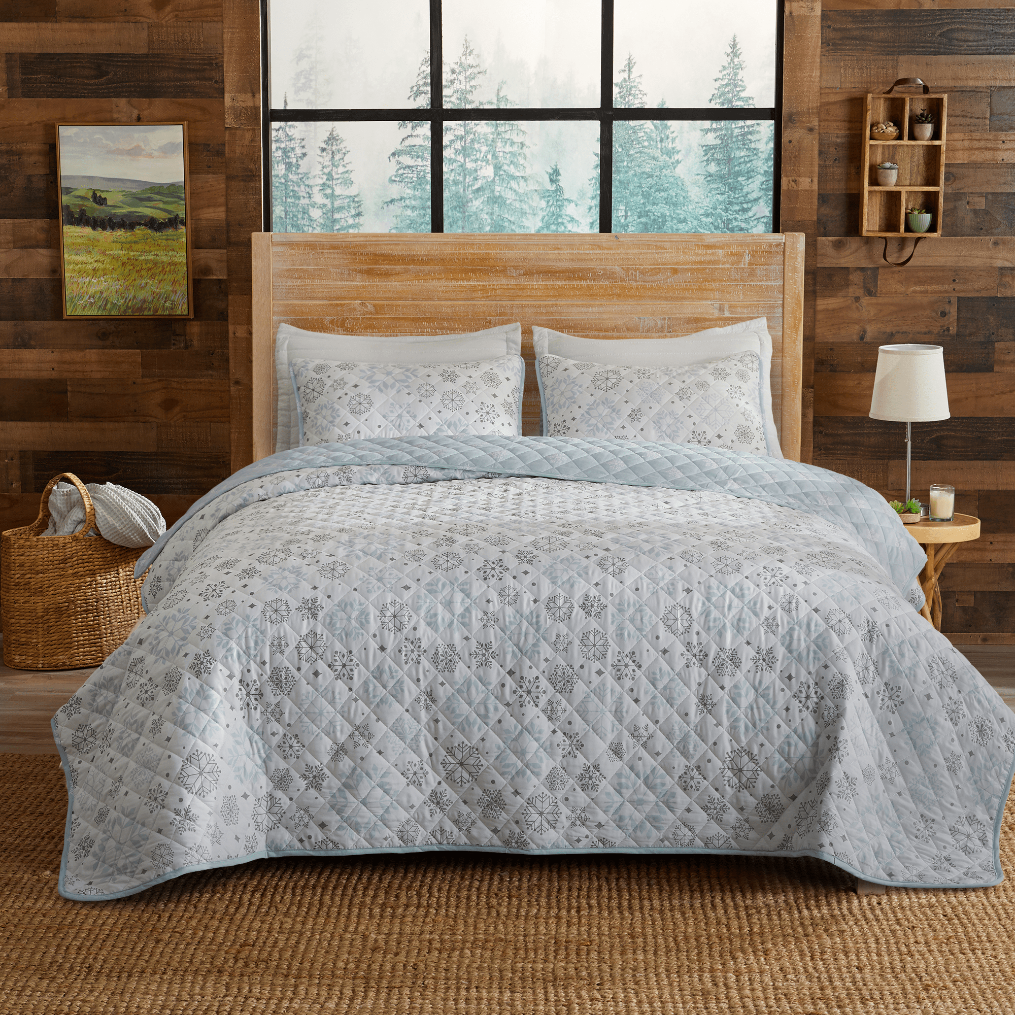 "Snowflake Quilt - White, Blue & Grey - Coastal Christmas Bedding"