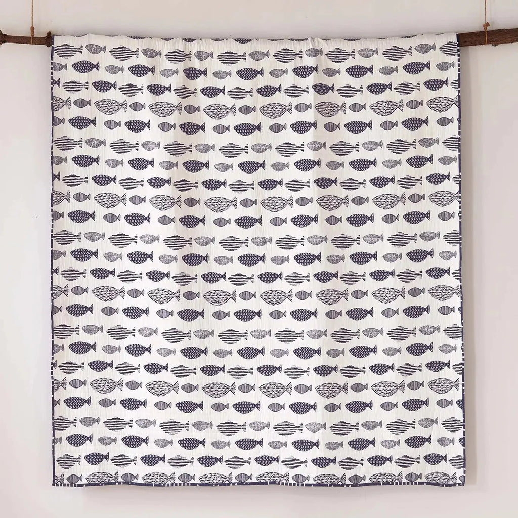 Universal V Berth Nautical Navy And White Fish 100% Cotton Quilt Set