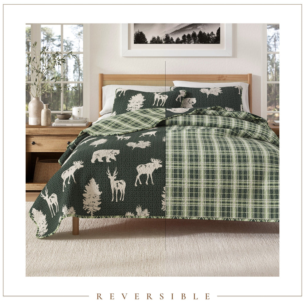 "Lodge Quilt - Green With Deer, Moose, Trees - Fall Themed Bedding"