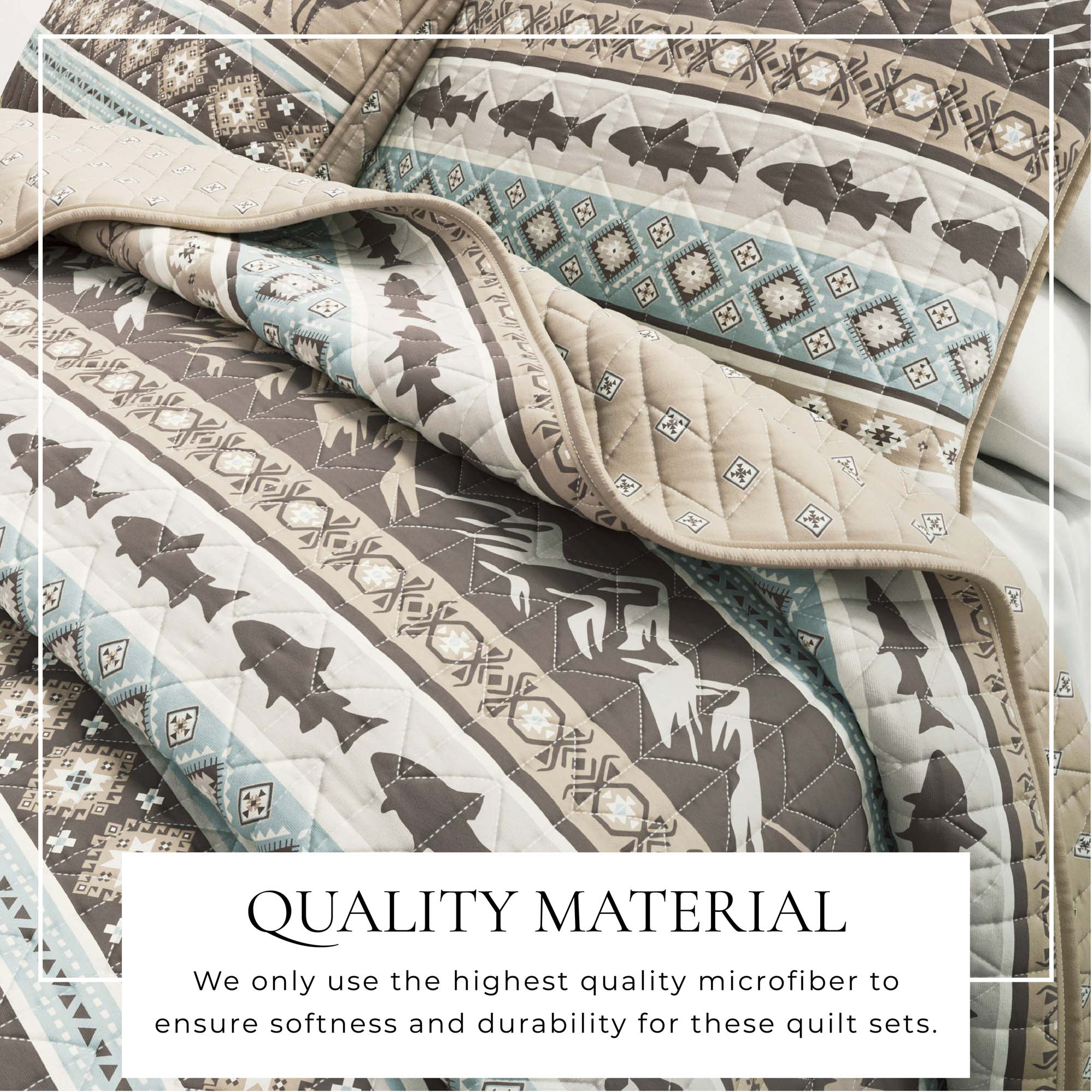 "Lodge Themed Quilt Set - Moose, Fish & Nature Themed Bedding"