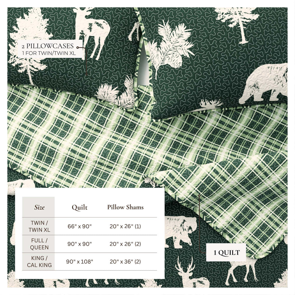 "Lodge Quilt - Green With Deer, Moose, Trees - Fall Themed Bedding"