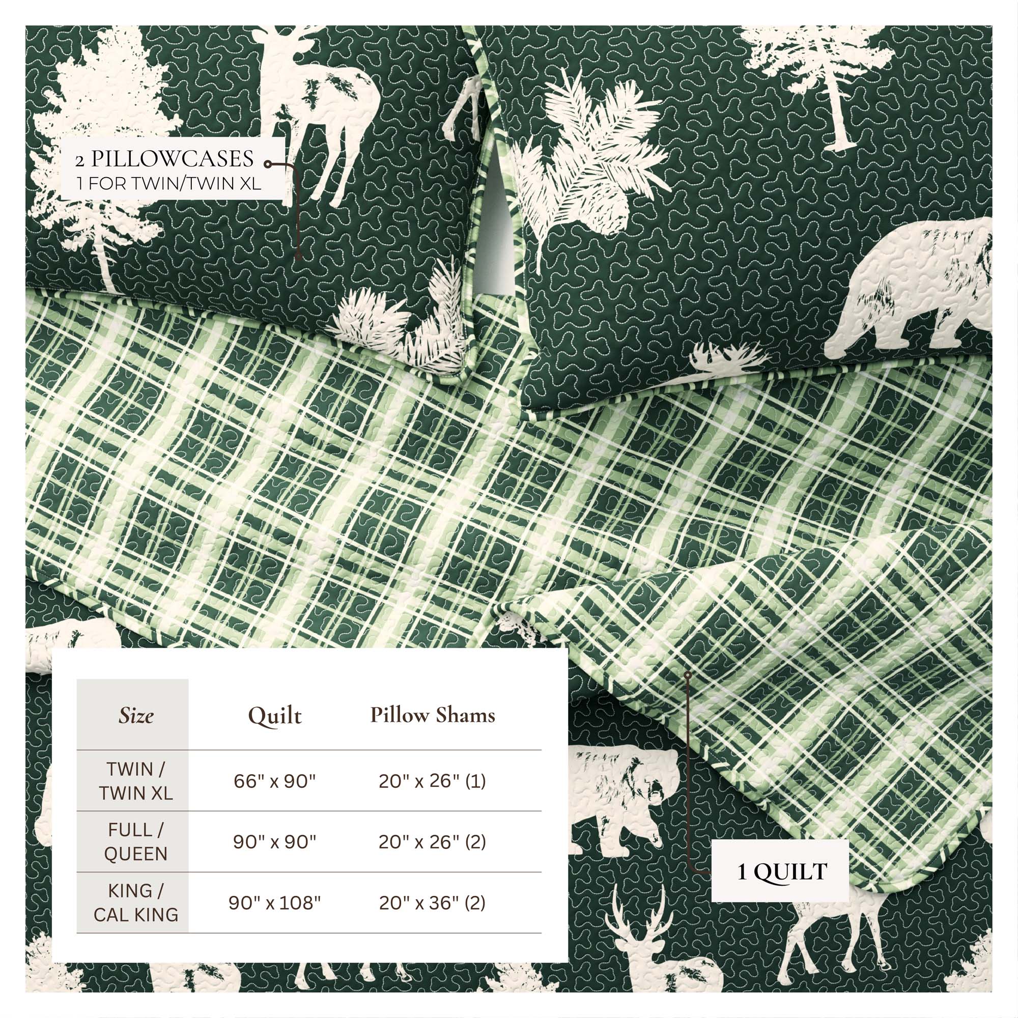 "Lodge Quilt - Green With Deer, Moose, Trees - Fall Themed Bedding"