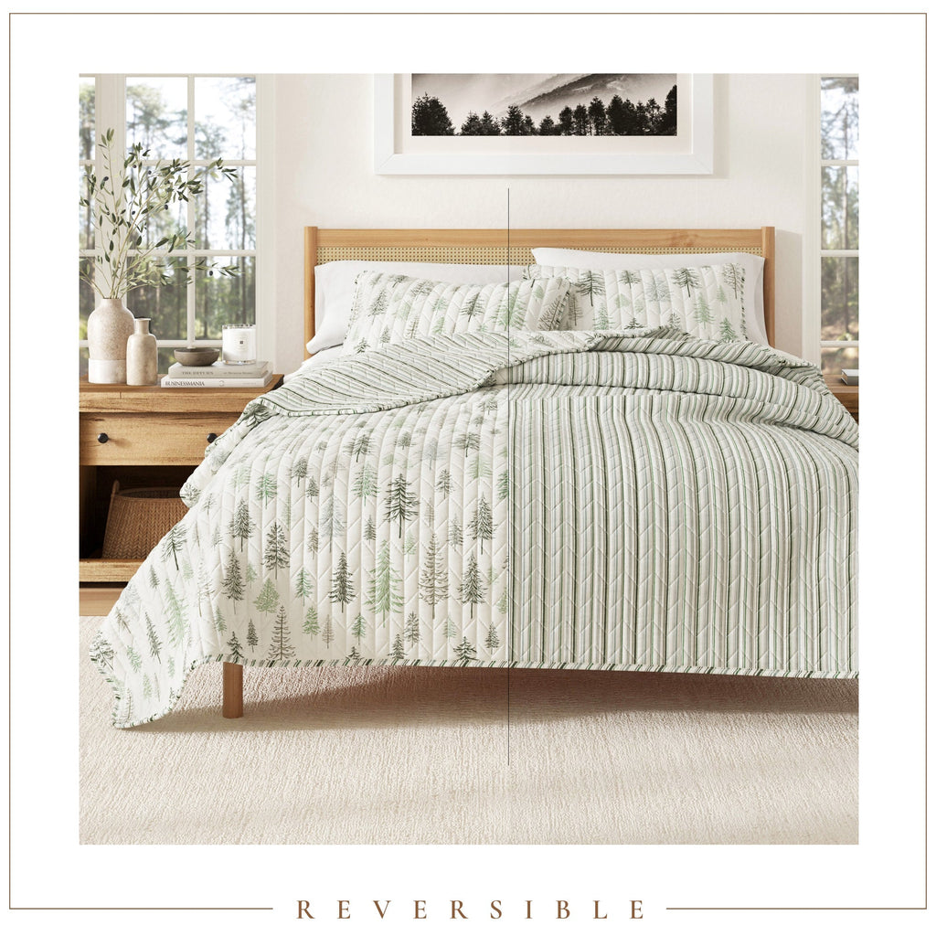 Lodge Quilt - White With Evergreen Trees - Fall & Christmas Themed Bedding
