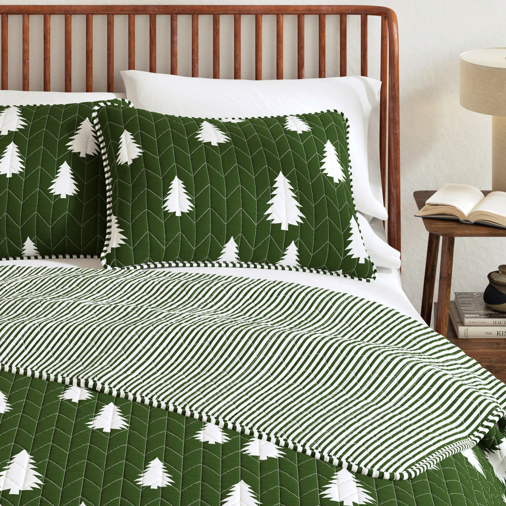 Lodge Printed Quilt - Olive Green With Tree Outlines - Fall & Holiday Themed Bedding