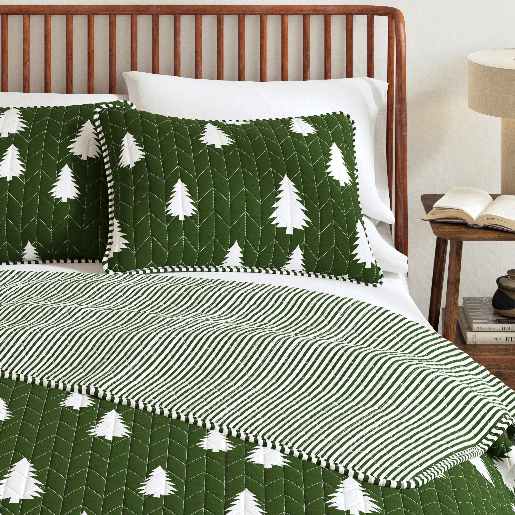 Lodge Printed Quilt - Olive Green With Tree Outlines - Fall & Holiday Themed Bedding