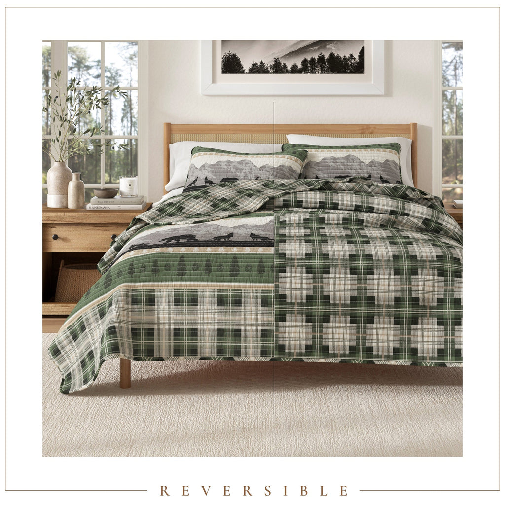 "Lodge Quilt - Green With Bears, Woods & Mountains"