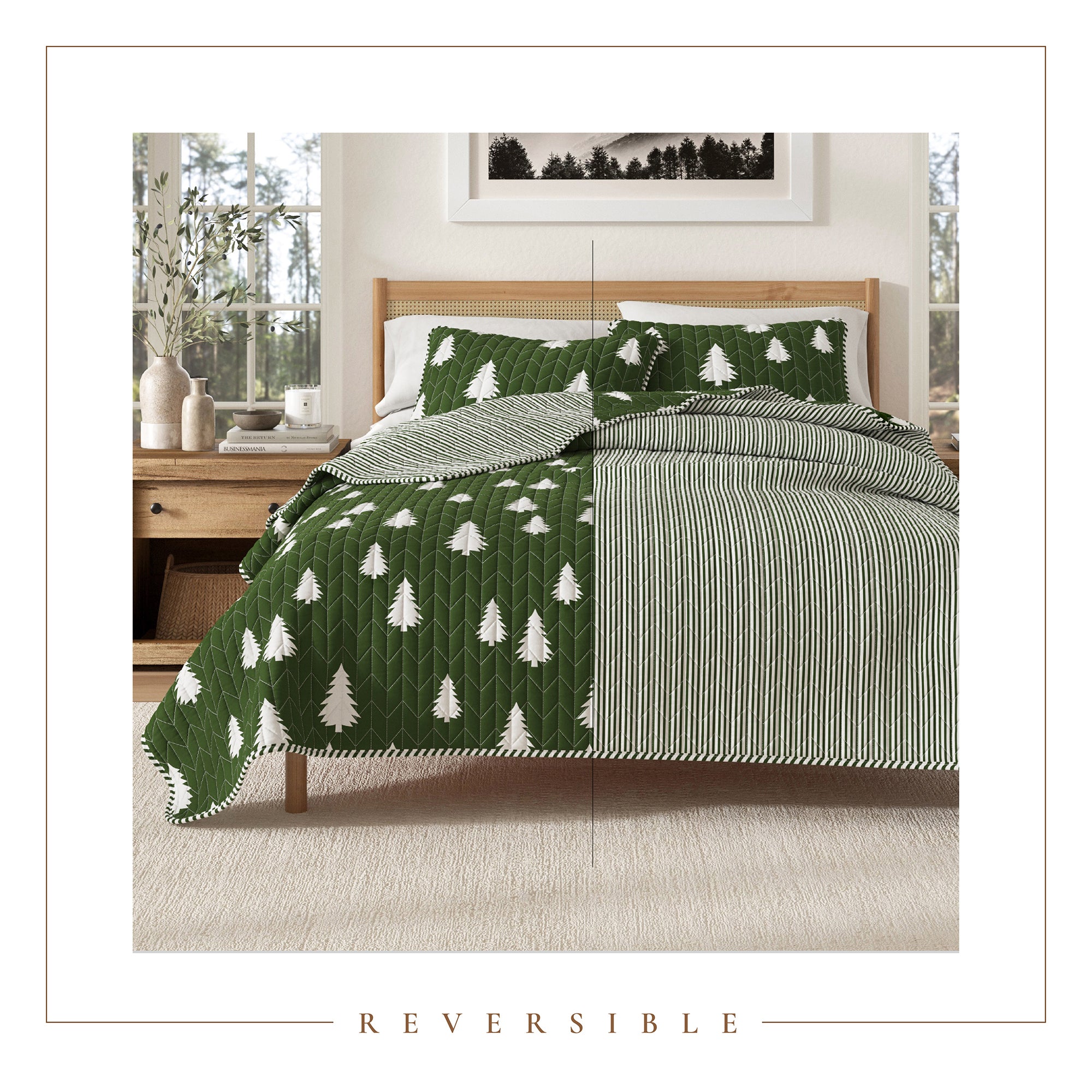 Lodge Printed Quilt - Olive Green With Tree Outlines - Fall & Holiday Themed Bedding