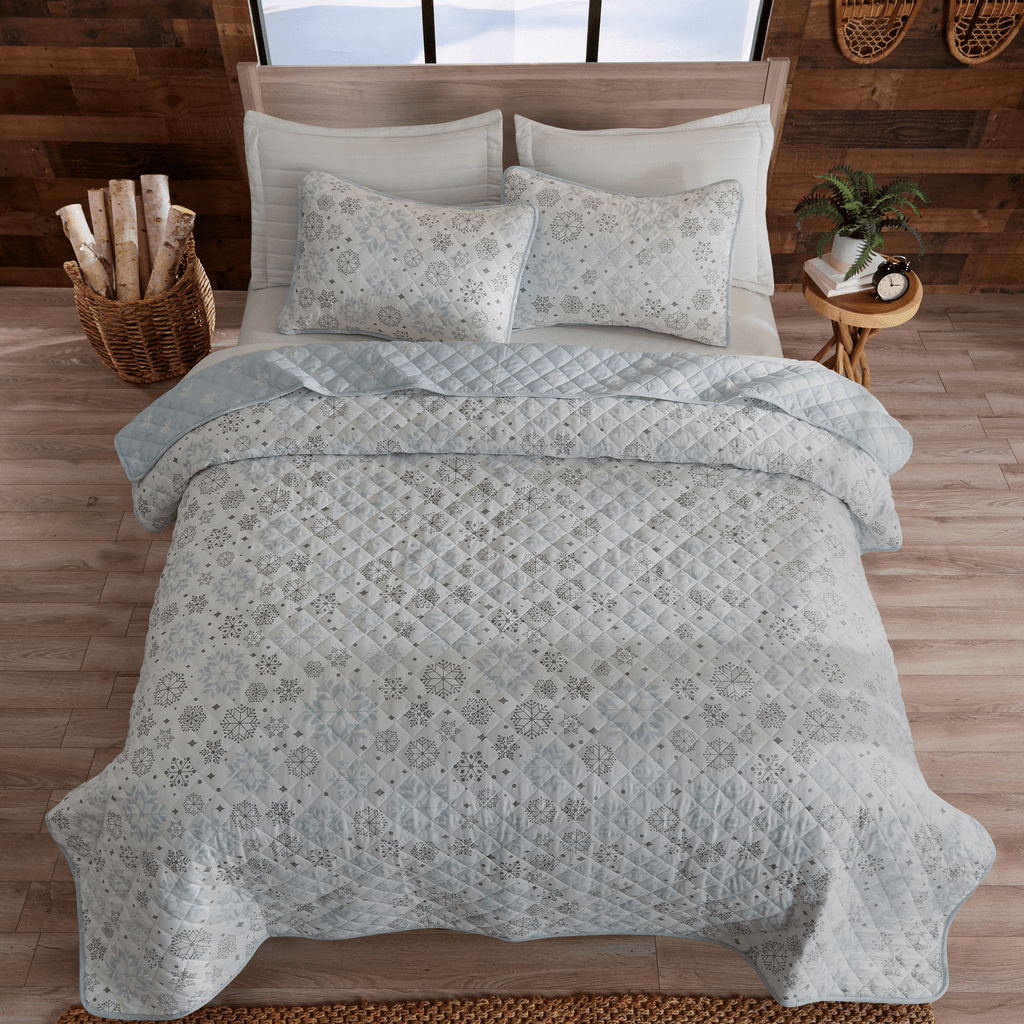 "Snowflake Quilt - White, Blue & Grey - Coastal Christmas Bedding"