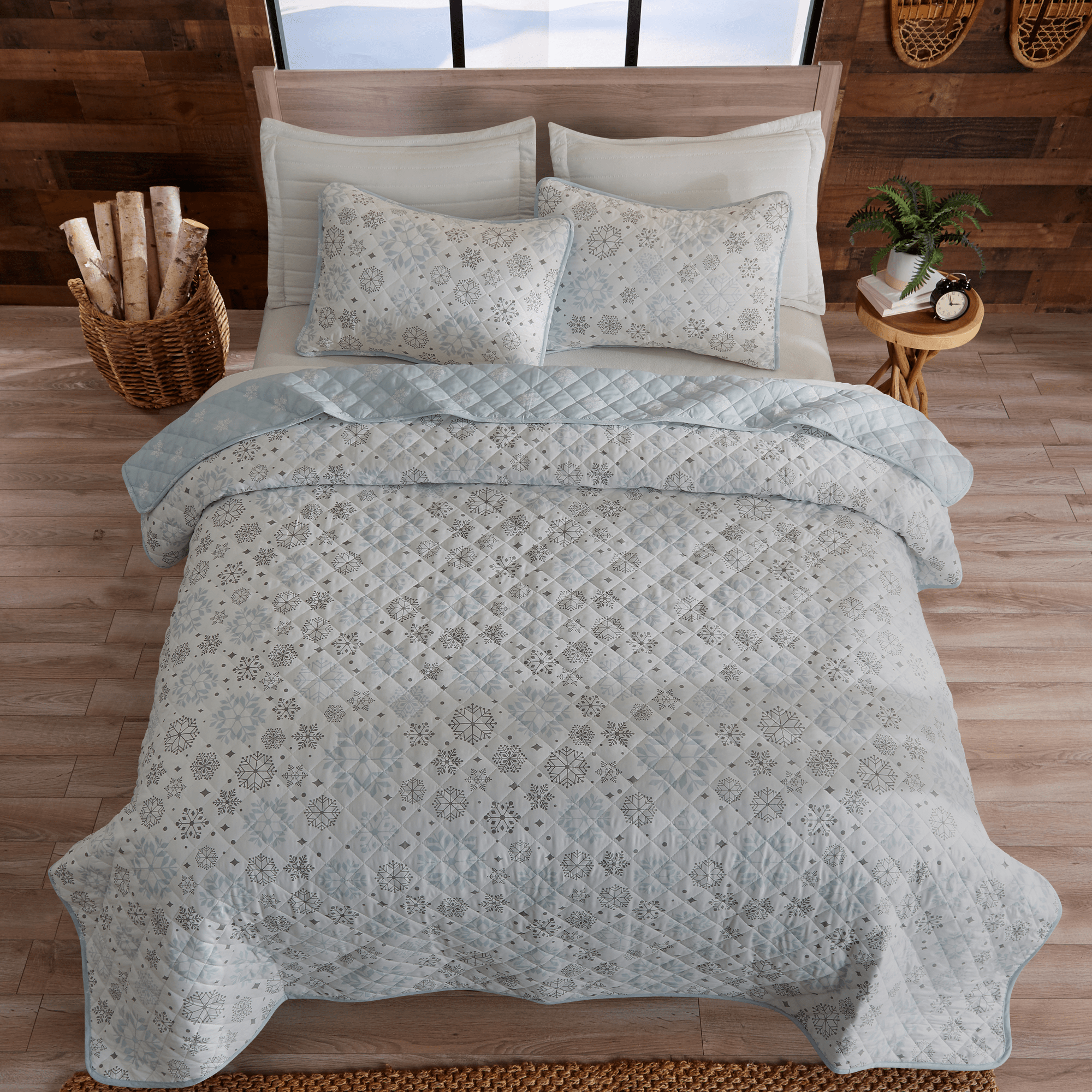 "Snowflake Quilt - White, Blue & Grey - Coastal Christmas Bedding"