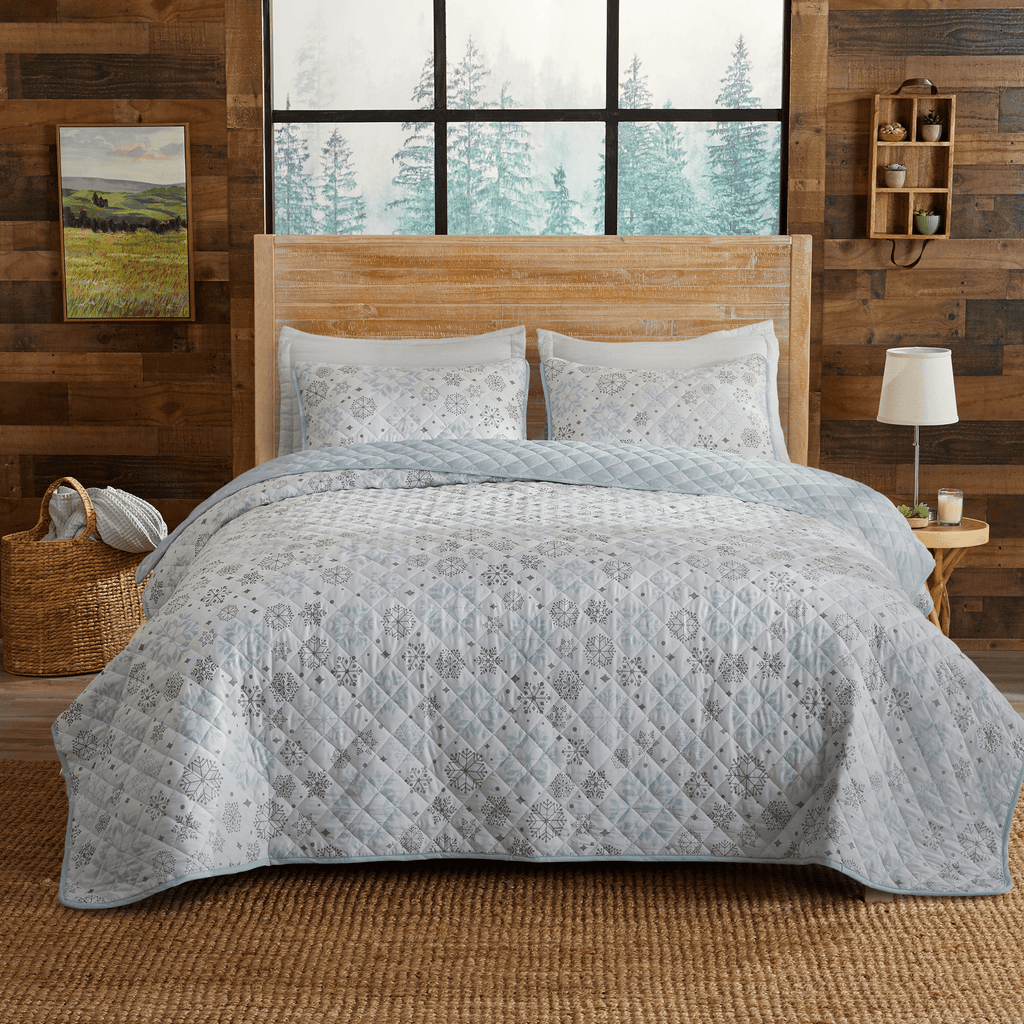 "Snowflake Quilt - White, Blue & Grey - Coastal Christmas Bedding"