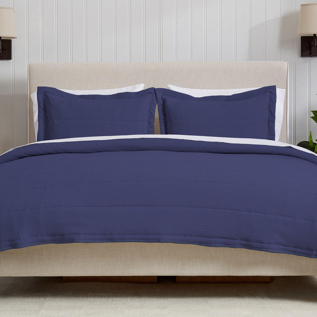 "Coastal & Nautical Textured Striped Quilt Set - White, Light Grey & Navy"