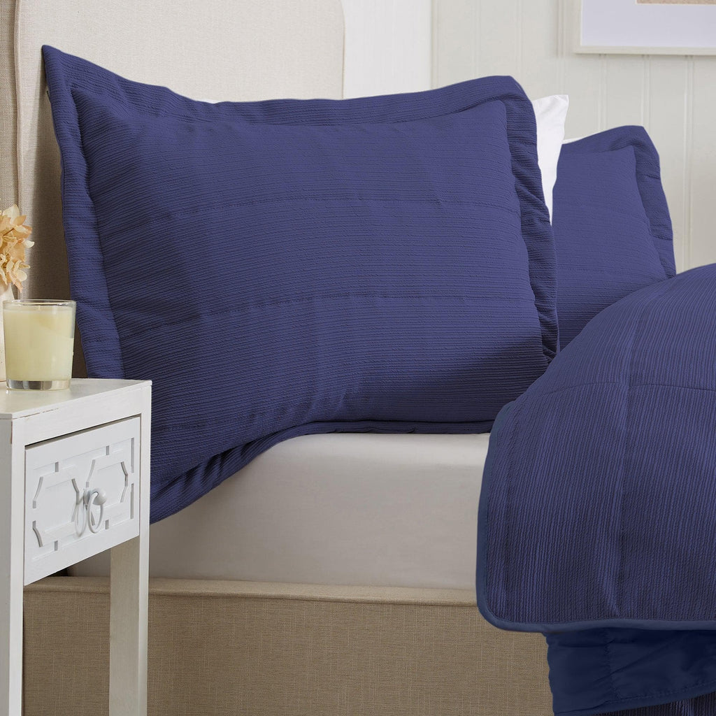 "Coastal & Nautical Textured Striped Quilt Set - White, Light Grey & Navy"