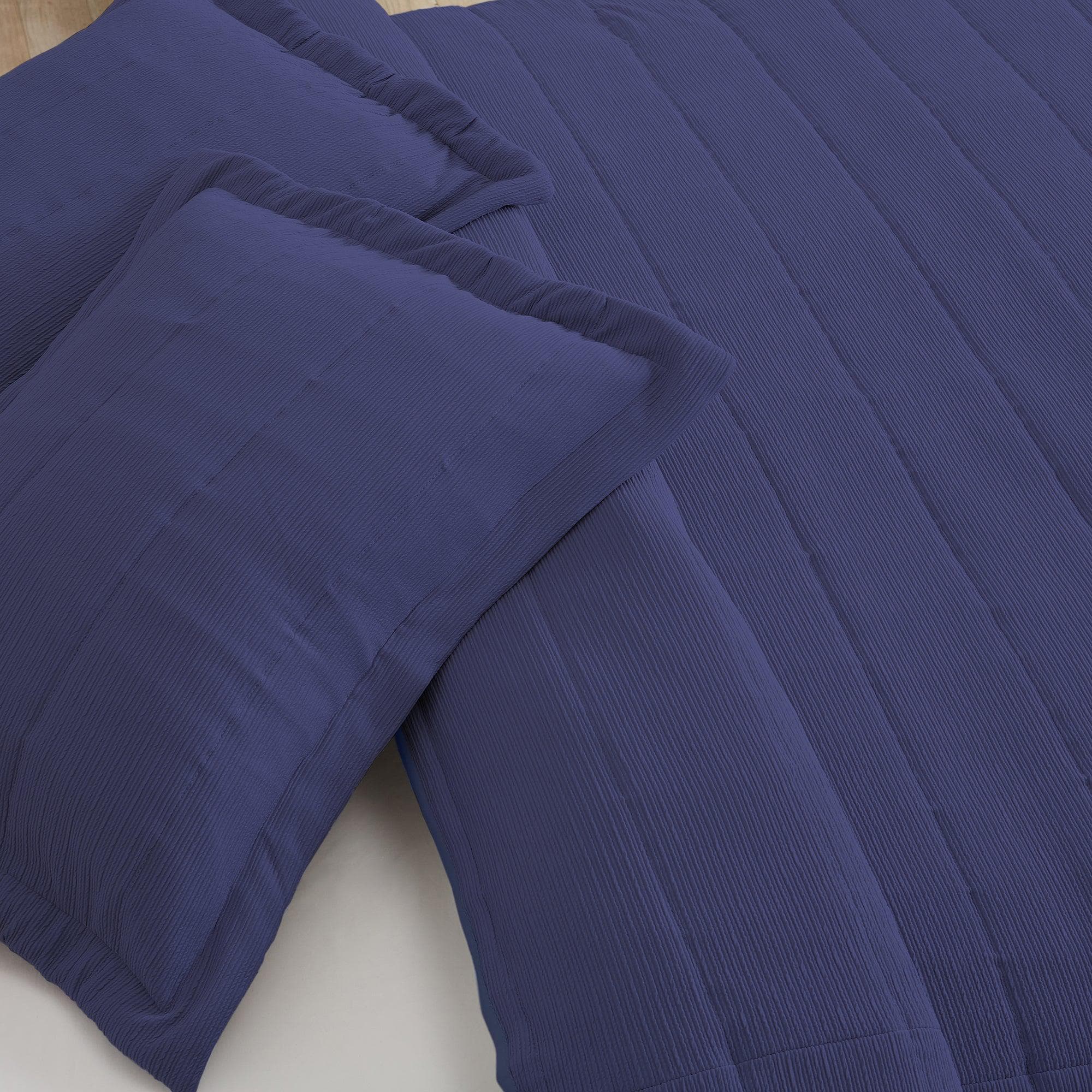 "Coastal & Nautical Textured Striped Quilt Set - White, Light Grey & Navy"