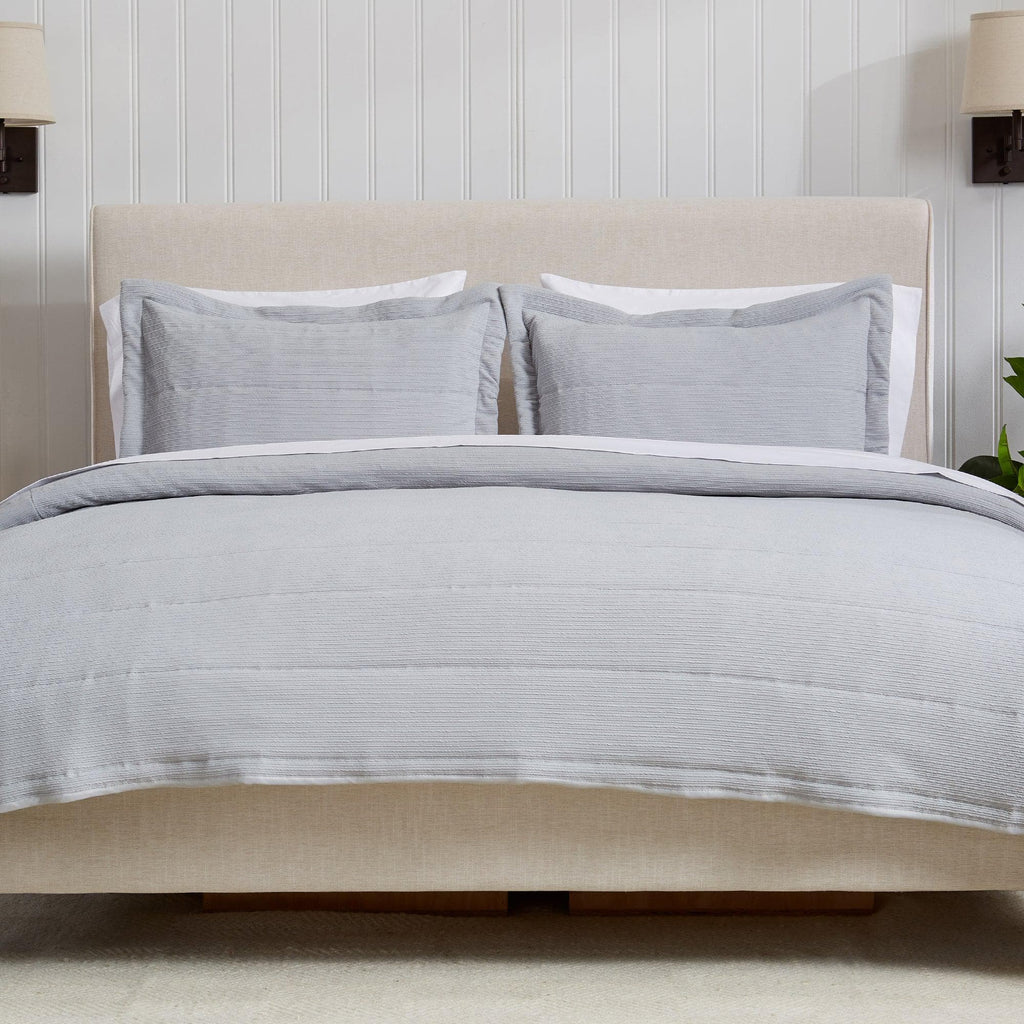 "Coastal & Nautical Textured Striped Quilt Set - White, Light Grey & Navy"