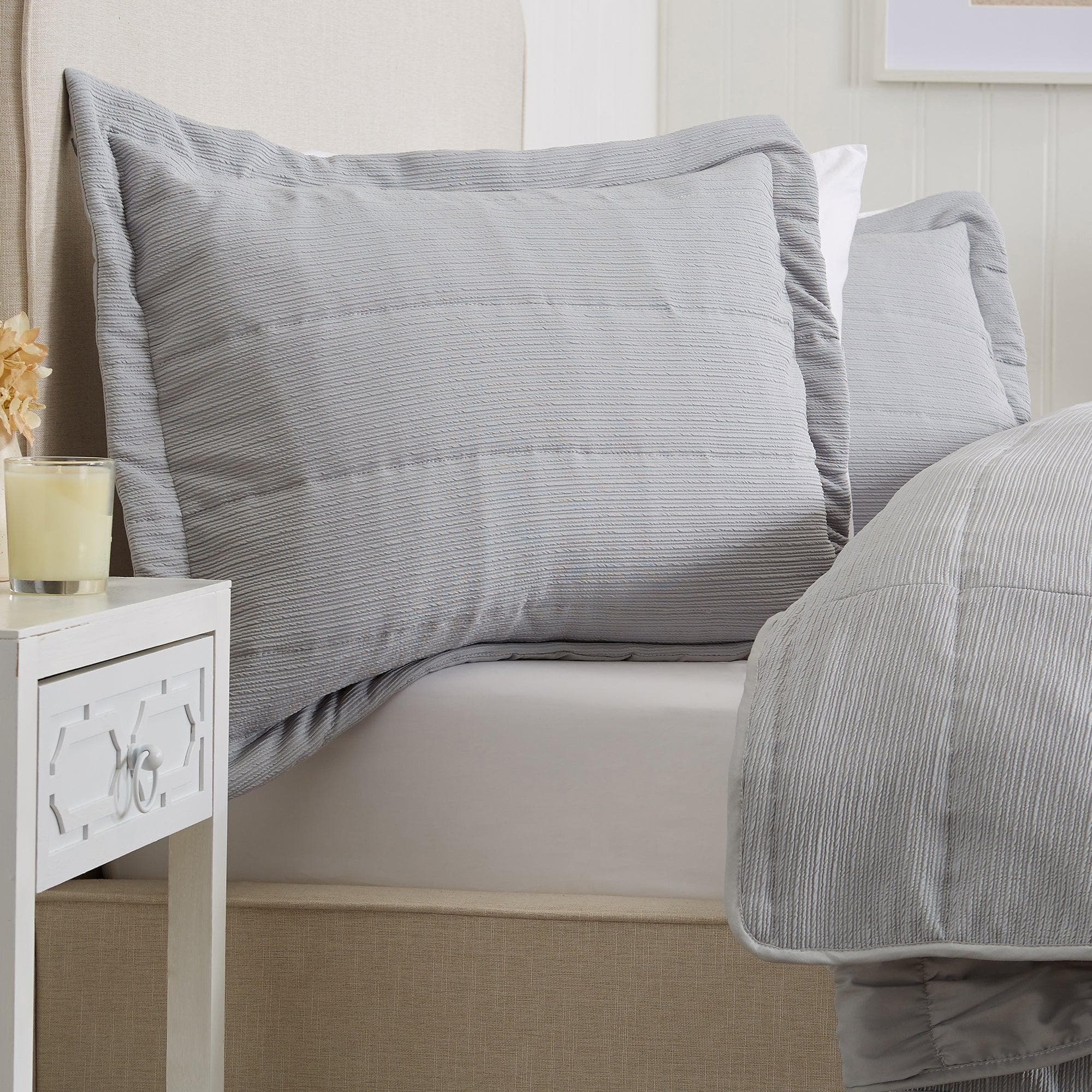 "Coastal & Nautical Textured Striped Quilt Set - White, Light Grey & Navy"