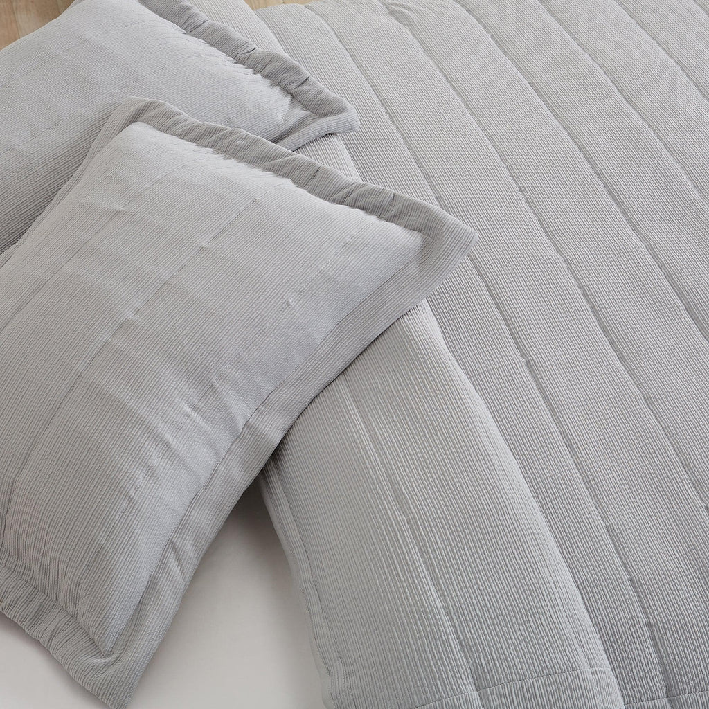 "Coastal & Nautical Textured Striped Quilt Set - White, Light Grey & Navy"