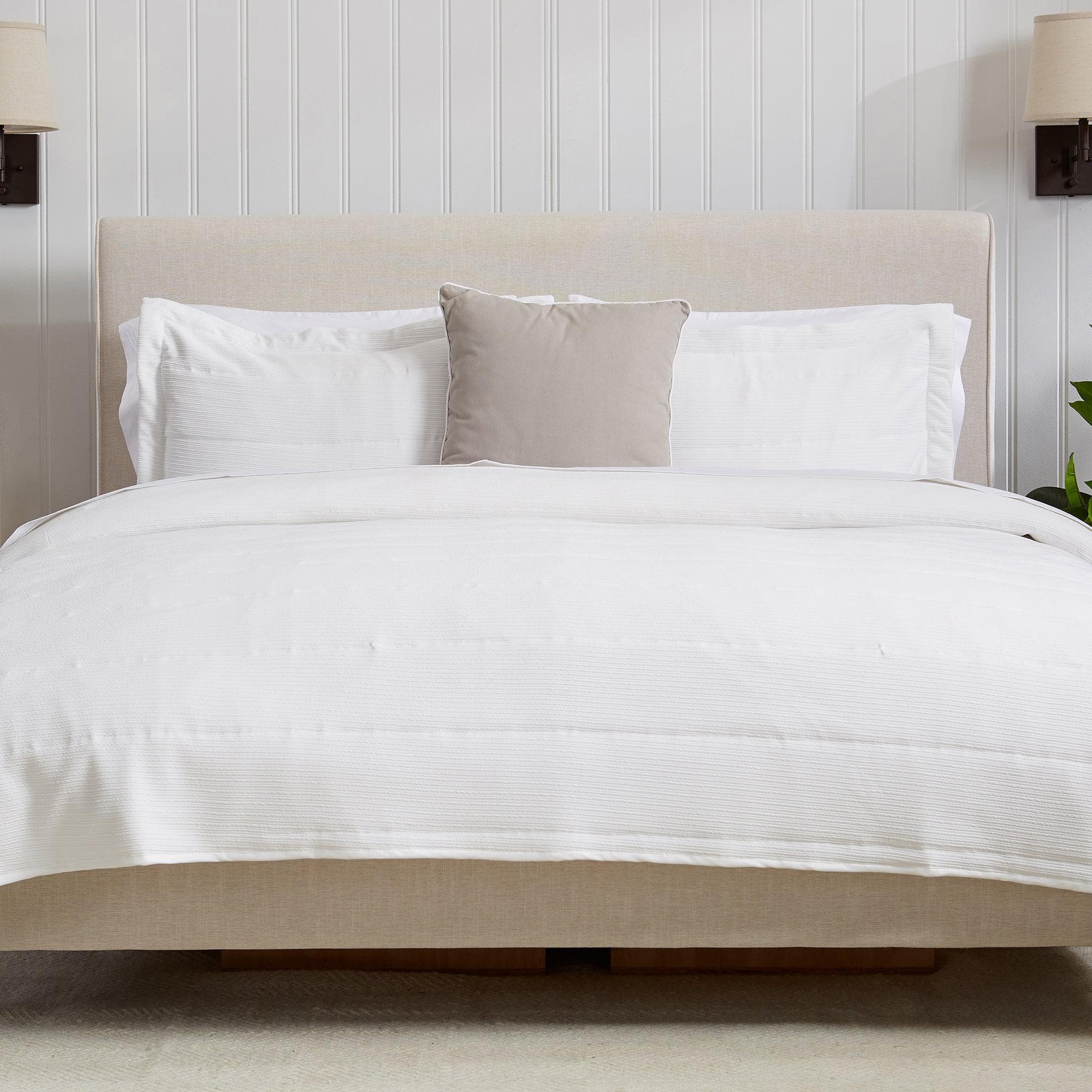 "Coastal & Nautical Textured Striped Quilt Set - White, Light Grey & Navy"