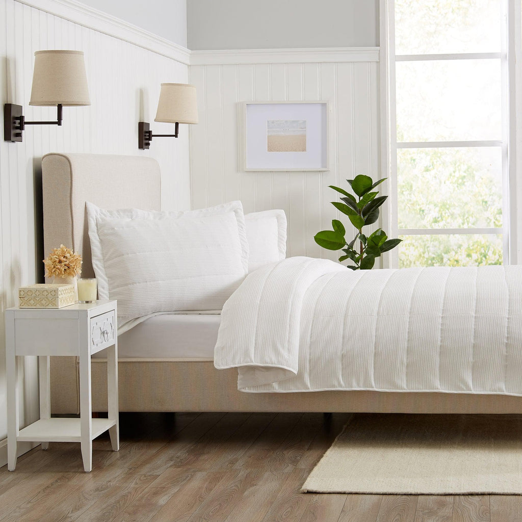 "Coastal & Nautical Textured Striped Quilt Set - White, Light Grey & Navy"