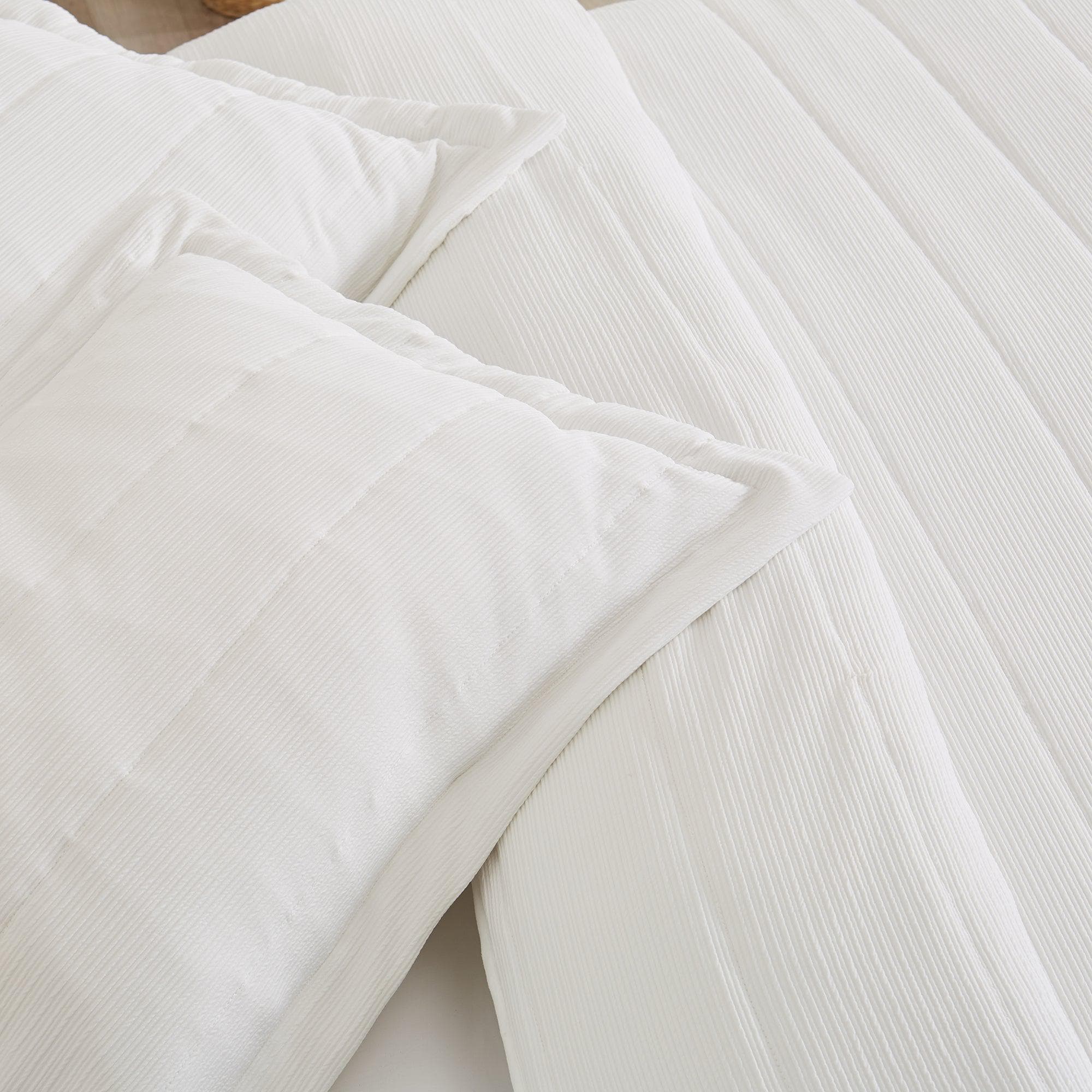 "Coastal & Nautical Textured Striped Quilt Set - White, Light Grey & Navy"