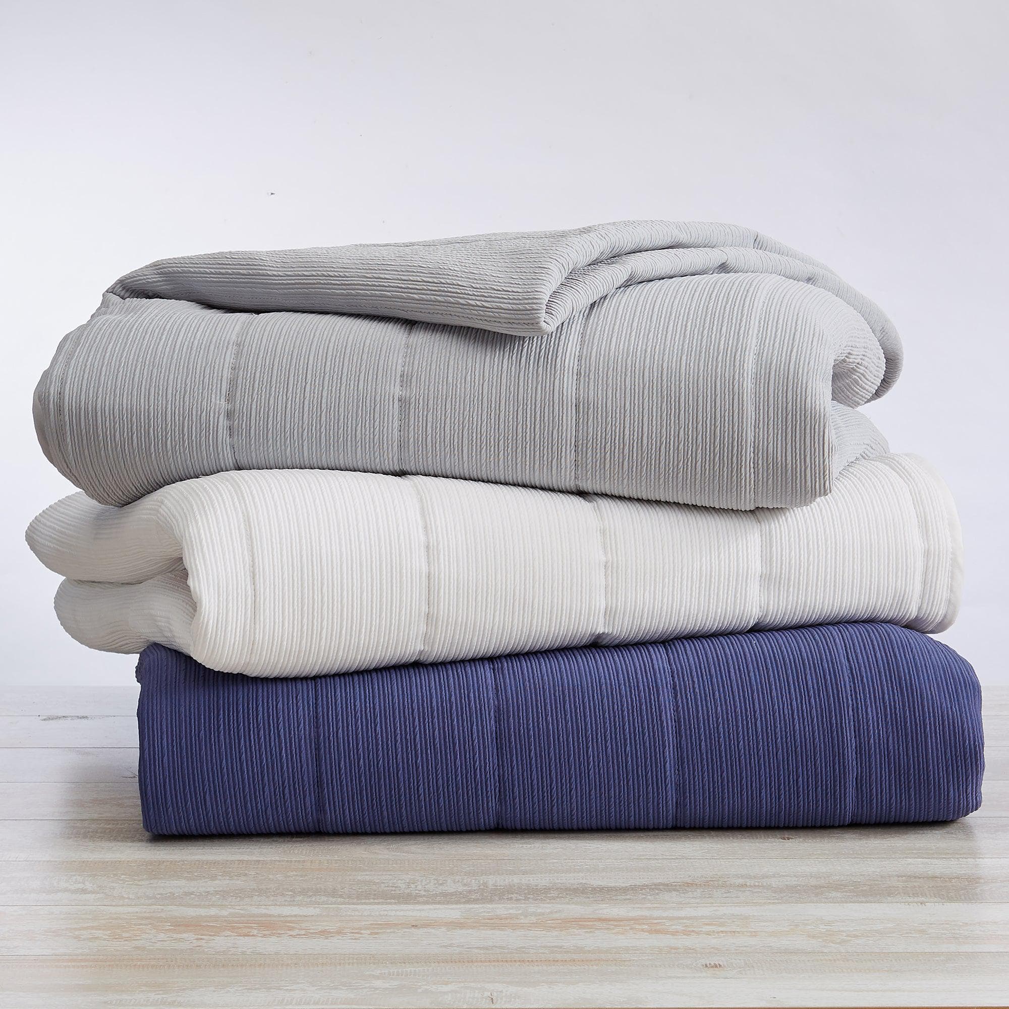 "Coastal & Nautical Textured Striped Quilt Set - White, Light Grey & Navy"