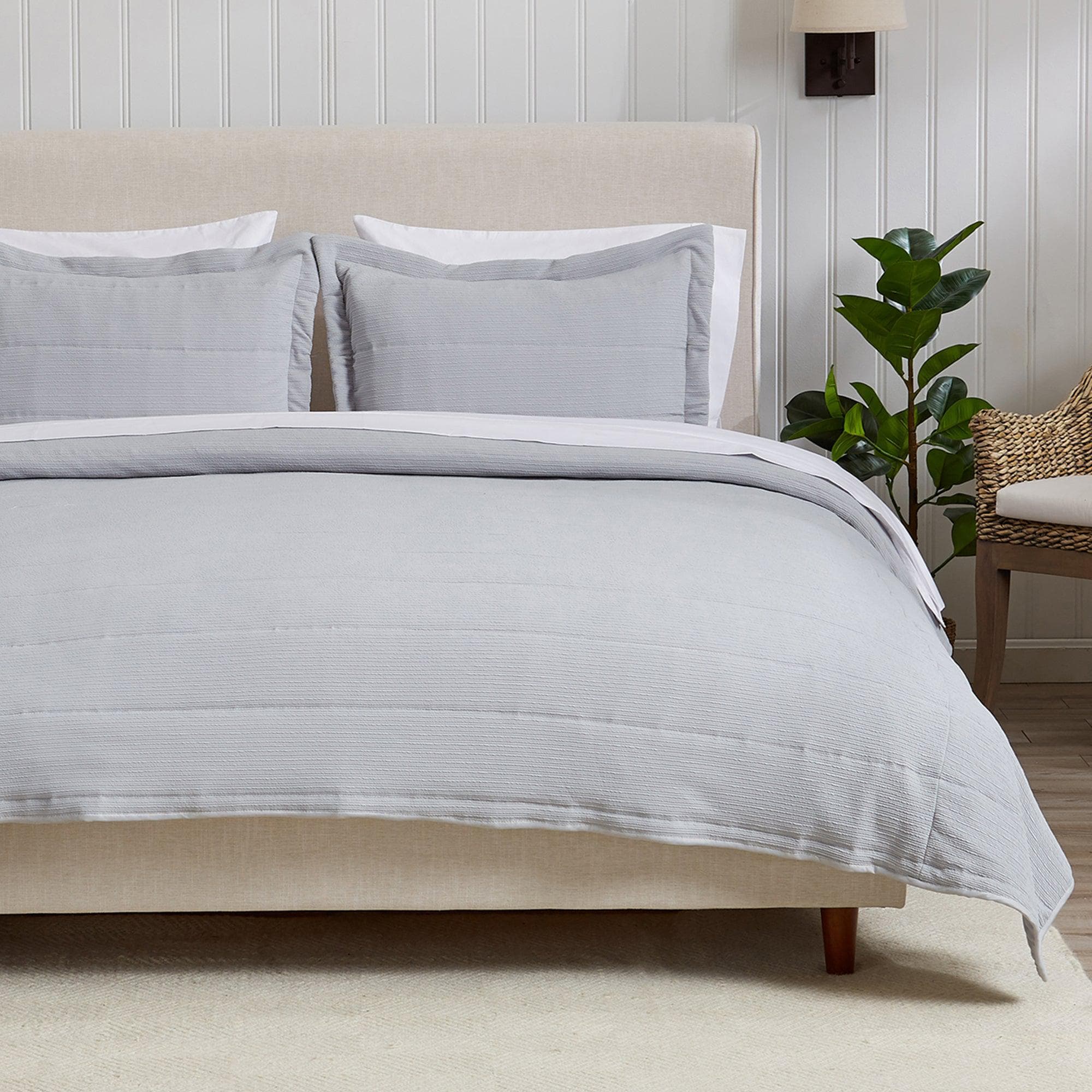 "Coastal & Nautical Textured Striped Quilt Set - White, Light Grey & Navy"