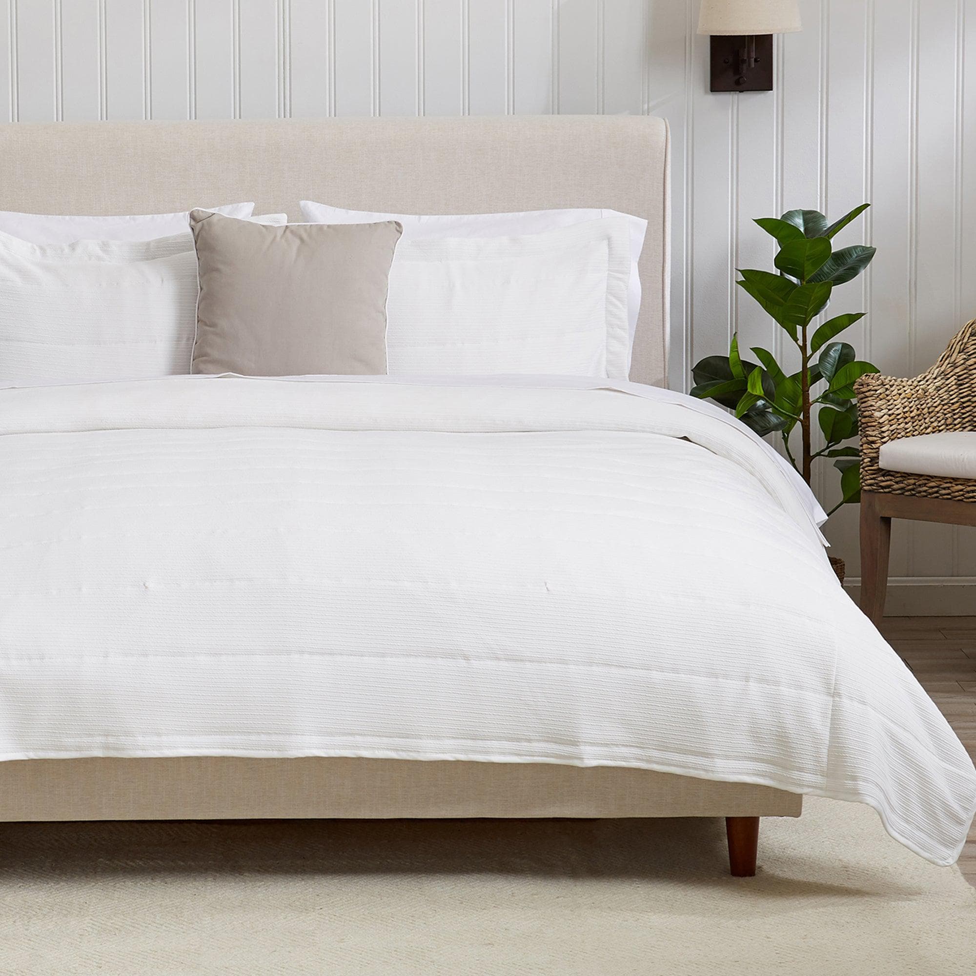 "Coastal & Nautical Textured Striped Quilt Set - White, Light Grey & Navy"