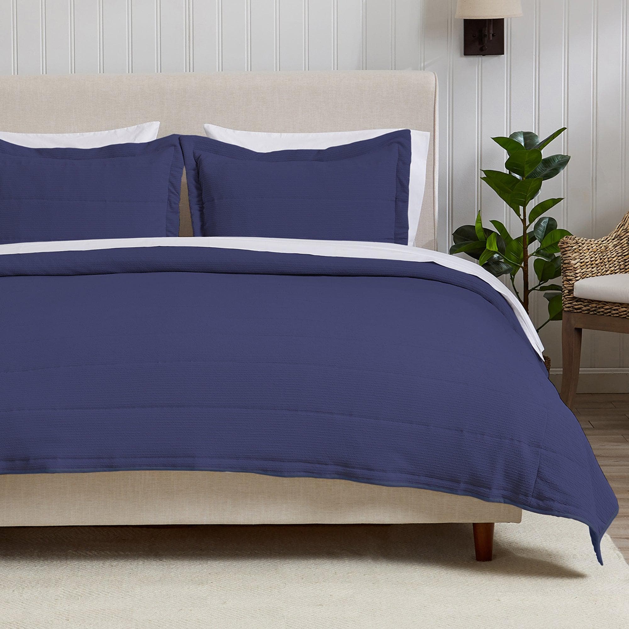 "Coastal & Nautical Textured Striped Quilt Set - White, Light Grey & Navy"