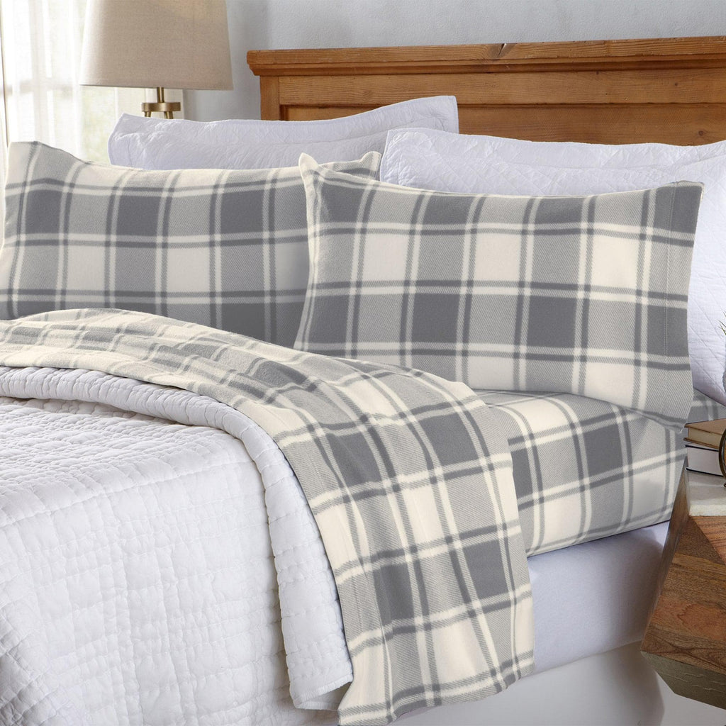 "Plaid Fleece Sheet Sets - Navy Blue, Grey, Red & Black"