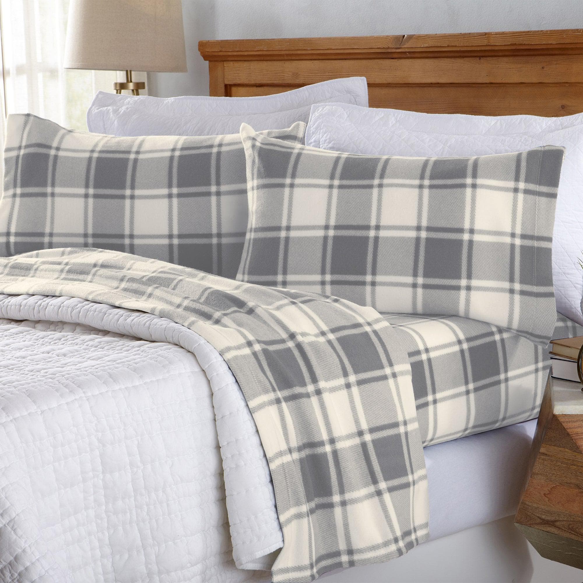"Plaid Fleece Sheet Sets - Navy Blue, Grey, Red & Black"