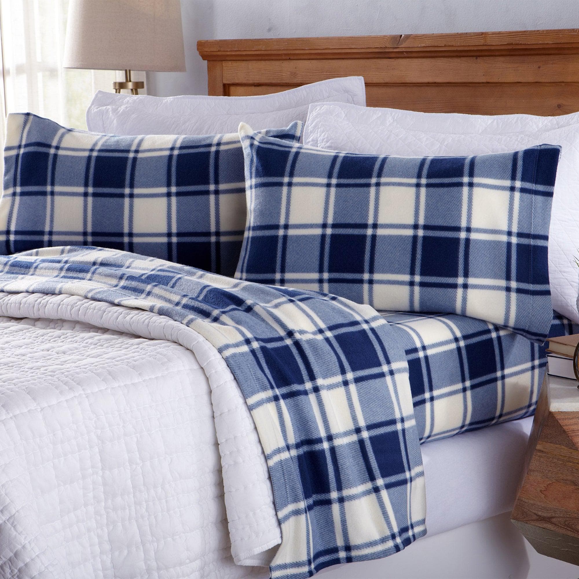 "Plaid Fleece Sheet Sets - Navy Blue, Grey, Red & Black"