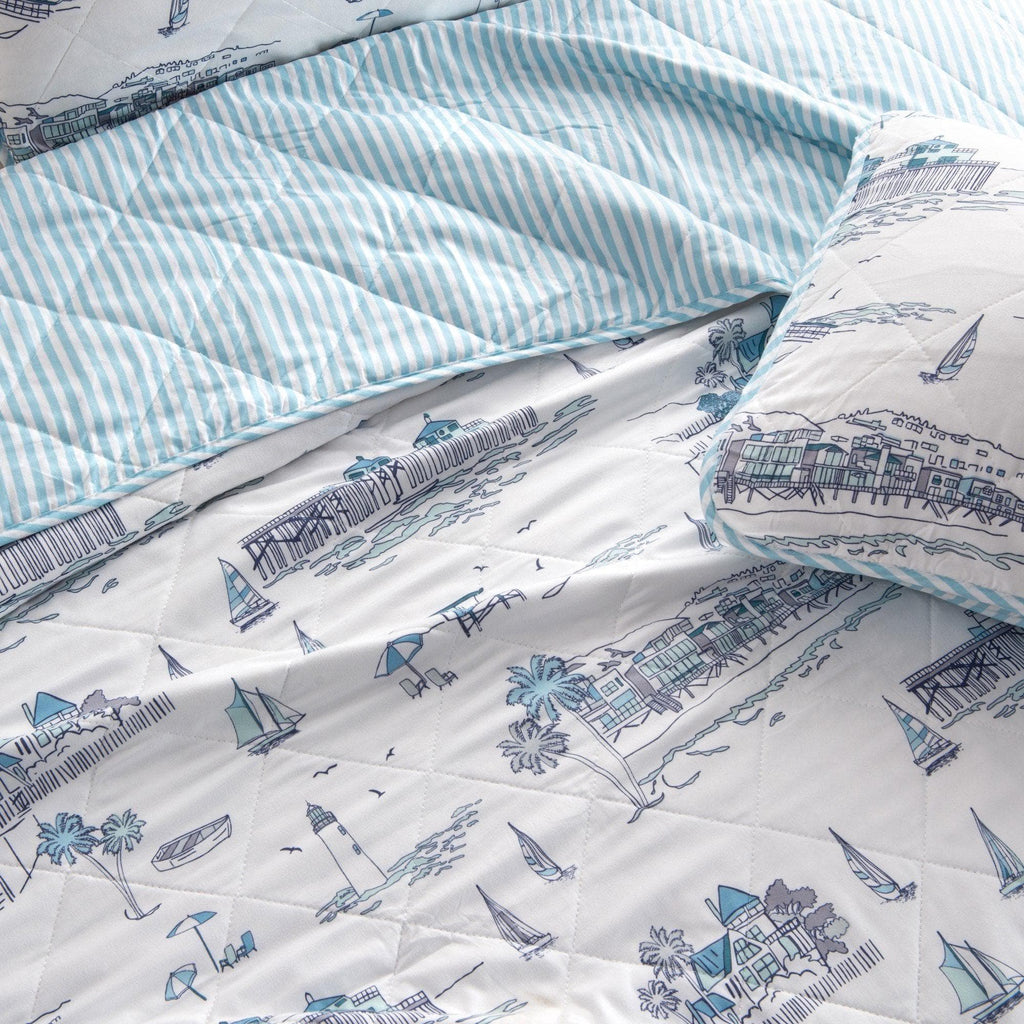 Coastal Toile Sailboat Quilt Set - White & Light Blue Coastal Bedding