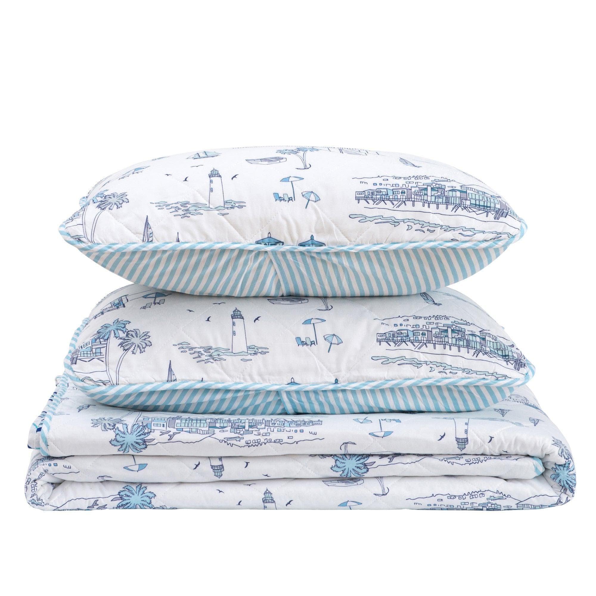 Coastal Toile Sailboat Quilt Set - White & Light Blue Coastal Bedding