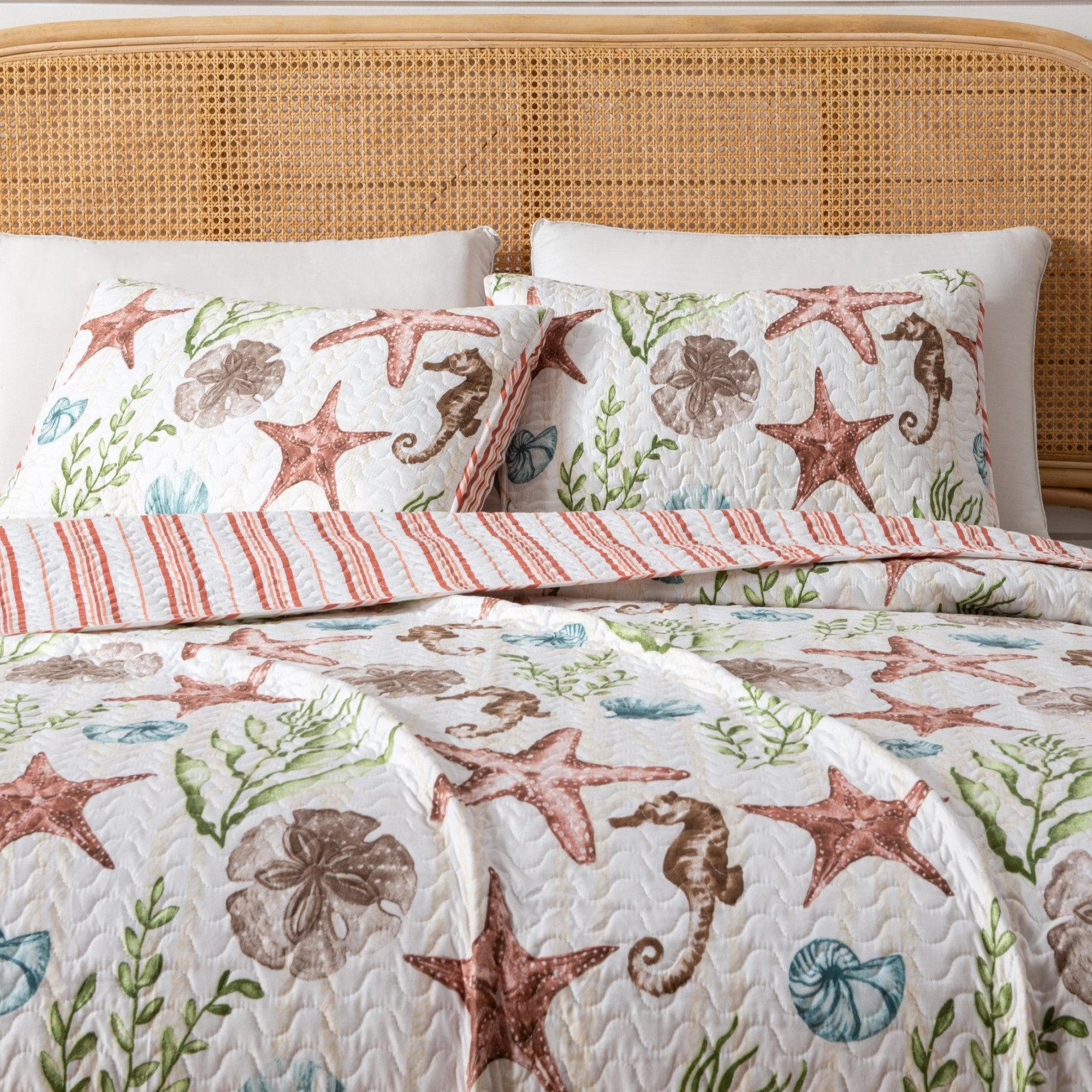 "Coastal Quilt Set - Coral, Seahorse & Starfish Themed Quilt"