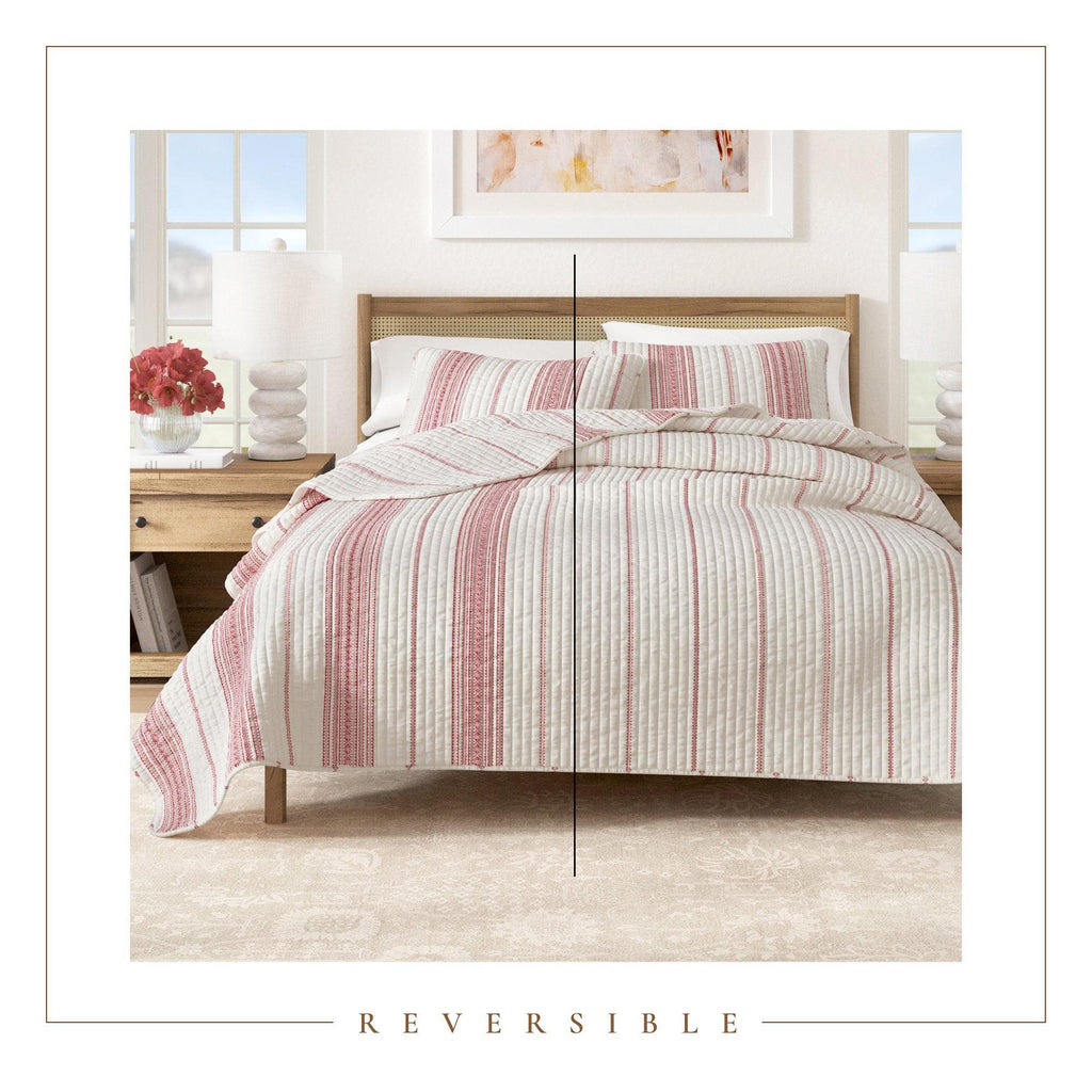 "Coastal Stripe Quilt - White Quilt With Navy, Red, Green Or Grey Stripes"