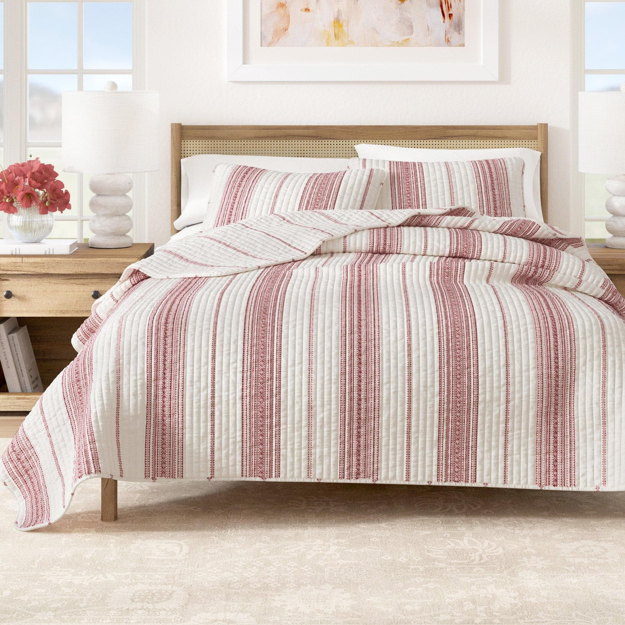 "Coastal Stripe Quilt - White Quilt With Navy, Red, Green Or Grey Stripes"