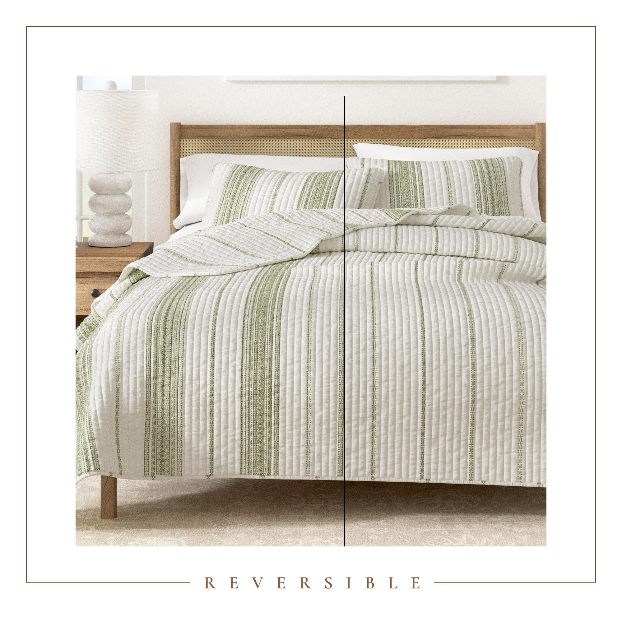 "Coastal Stripe Quilt - White Quilt With Navy, Red, Green Or Grey Stripes"