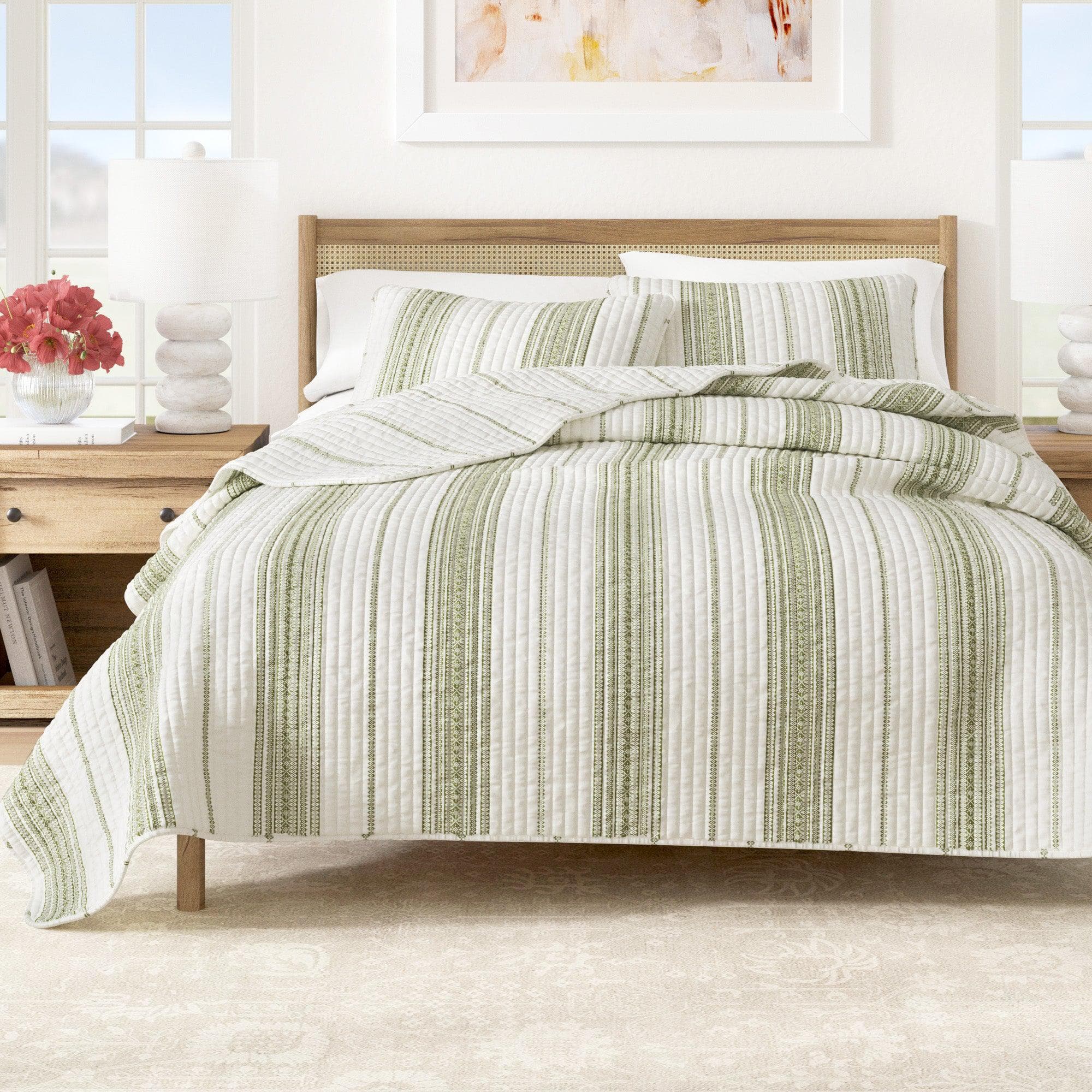 "Coastal Stripe Quilt - White Quilt With Navy, Red, Green Or Grey Stripes"