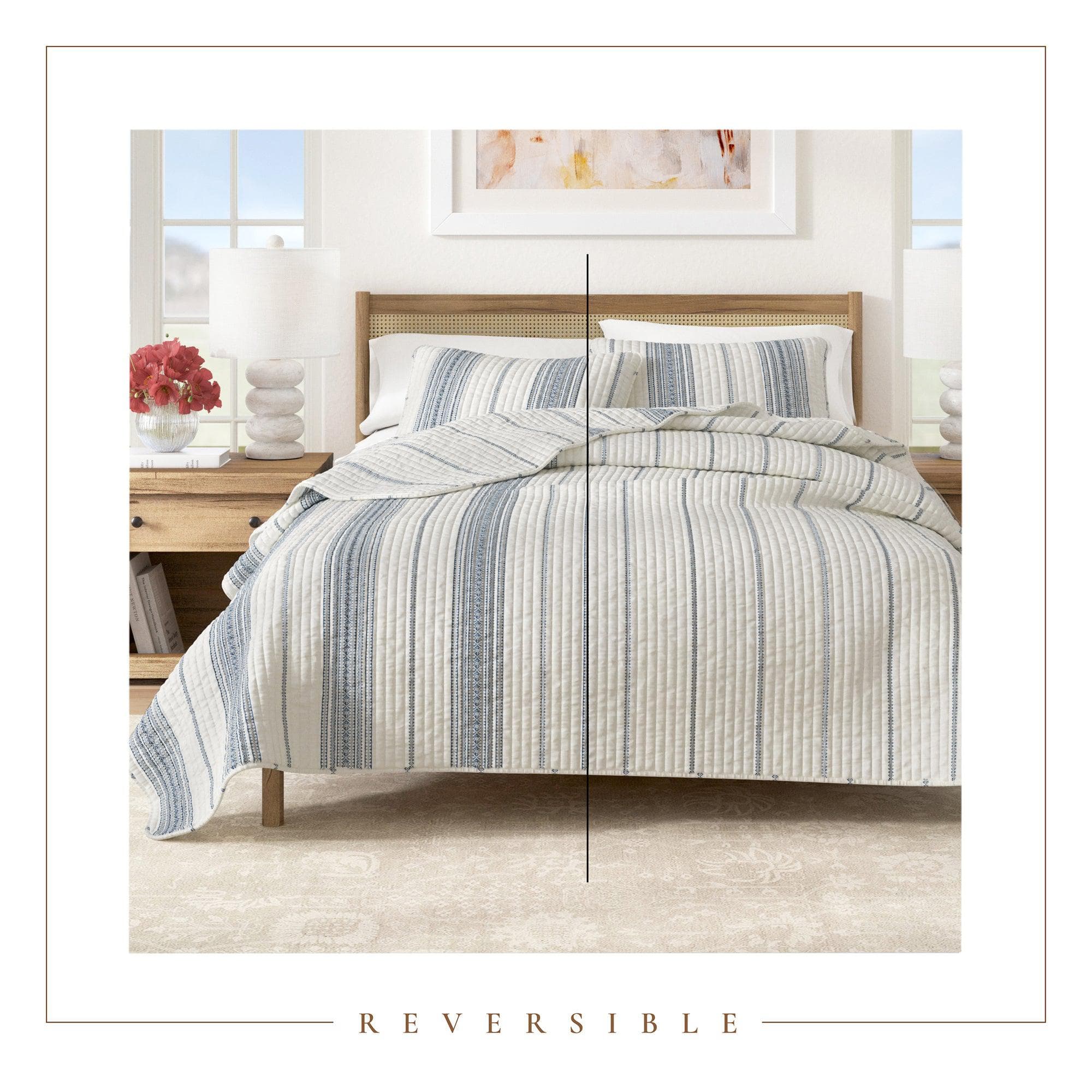 "Coastal Stripe Quilt - White Quilt With Navy, Red, Green Or Grey Stripes"