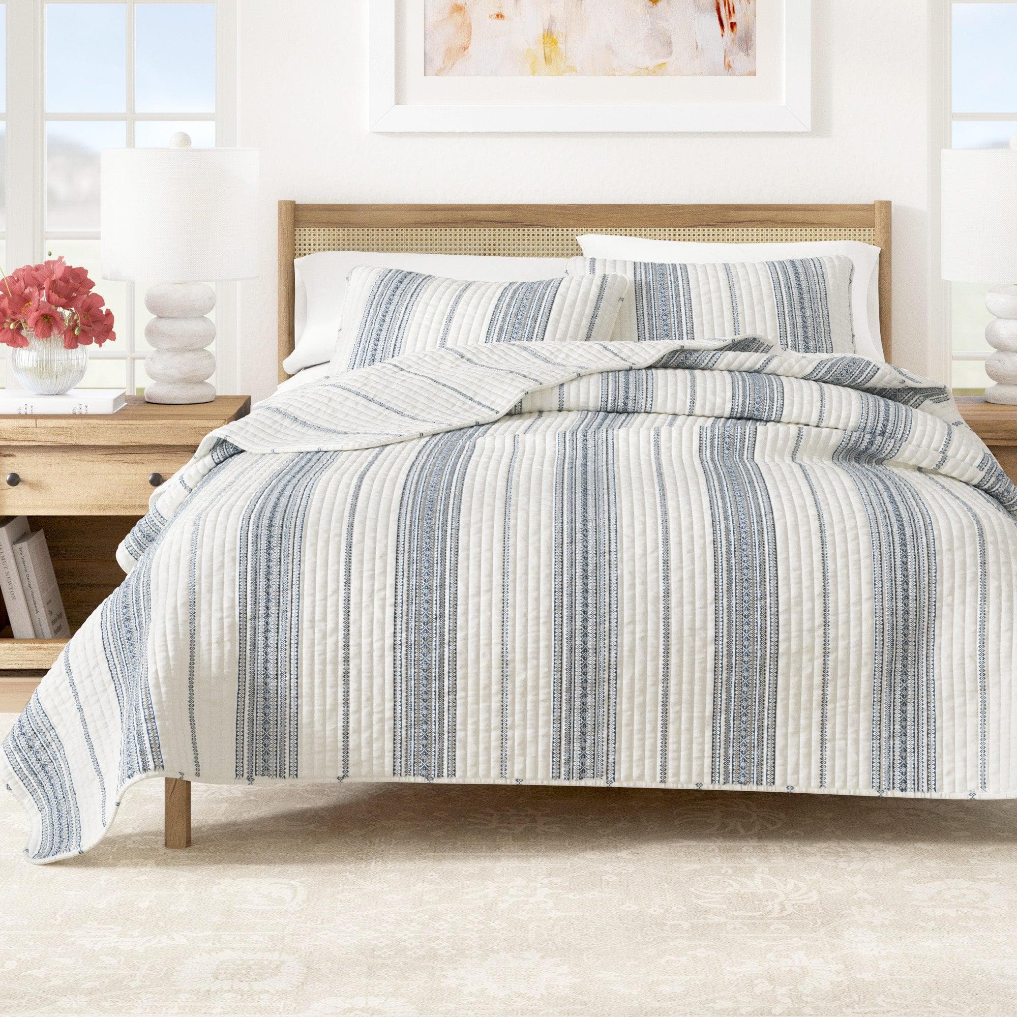 "Coastal Stripe Quilt - White Quilt With Navy, Red, Green Or Grey Stripes"