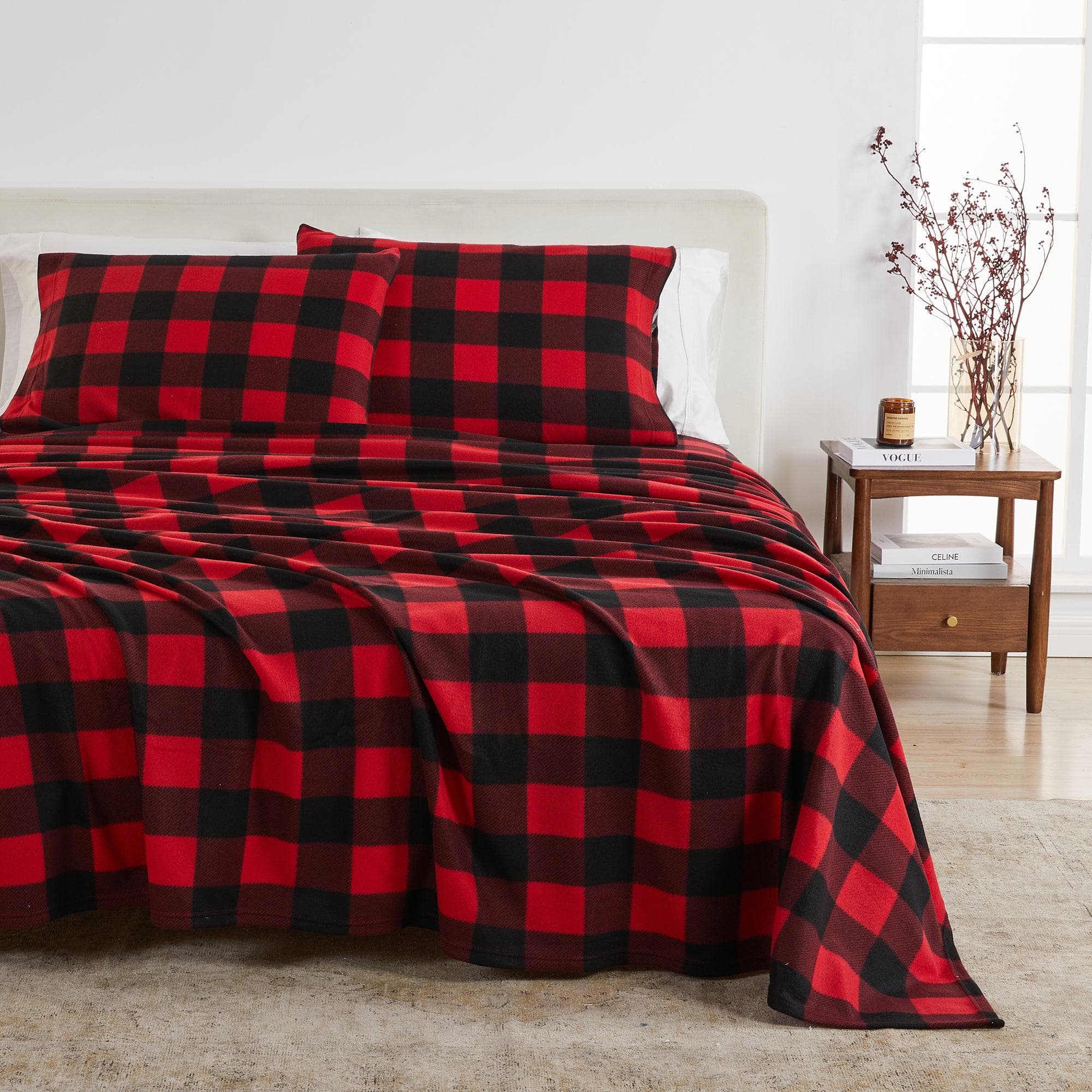 "Plaid Fleece Sheet Sets - Navy Blue, Grey, Red & Black"
