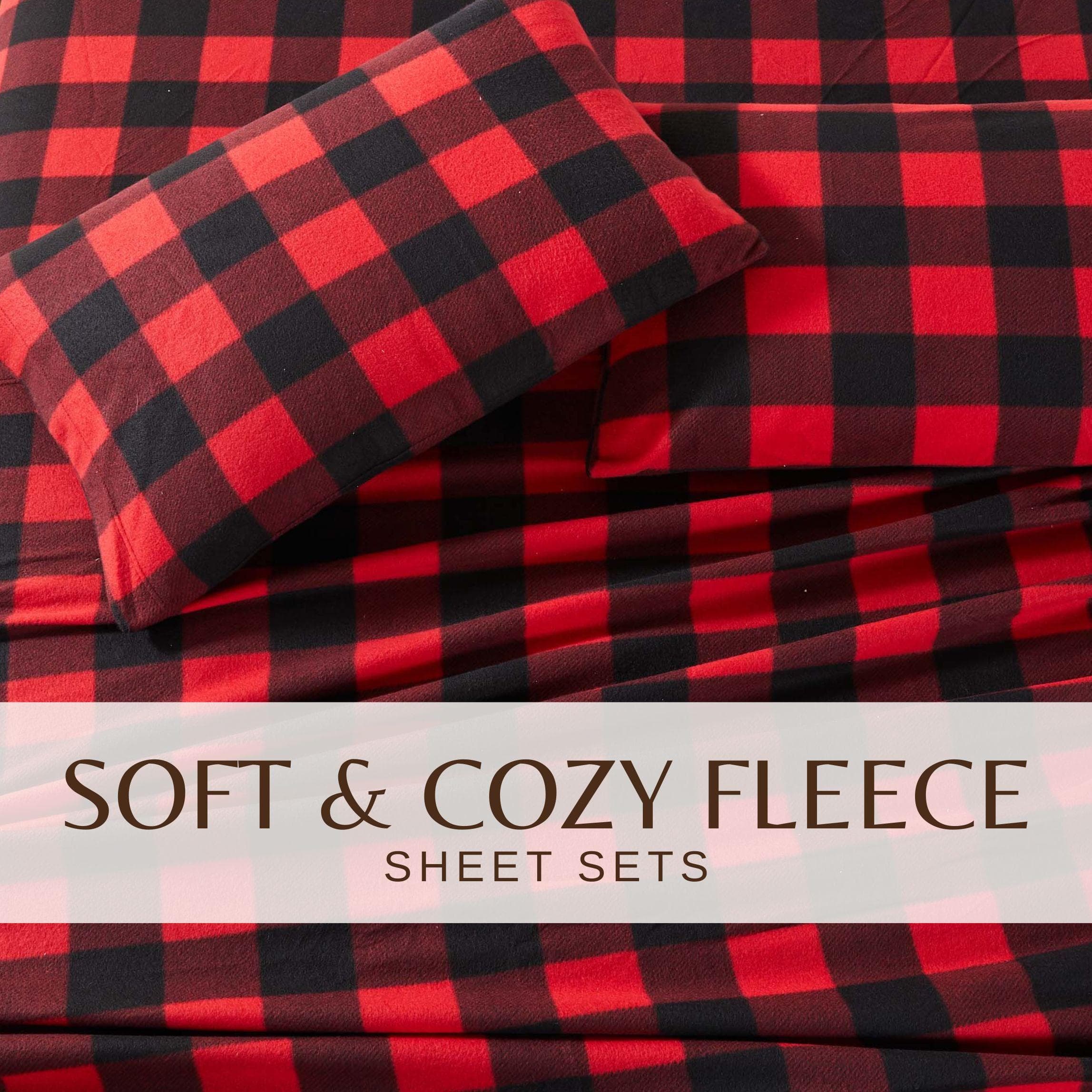 "Plaid Fleece Sheet Sets - Navy Blue, Grey, Red & Black"
