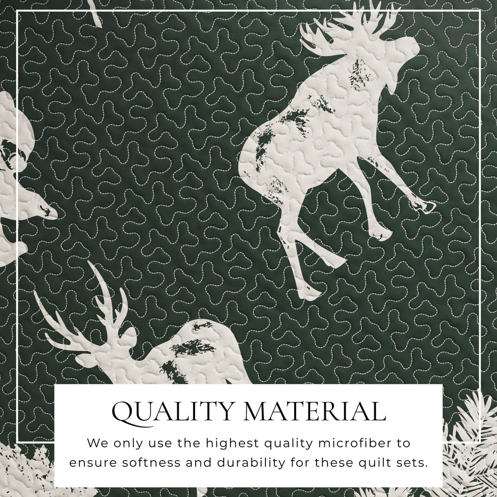 "Lodge Quilt - Green With Deer, Moose, Trees - Fall Themed Bedding"