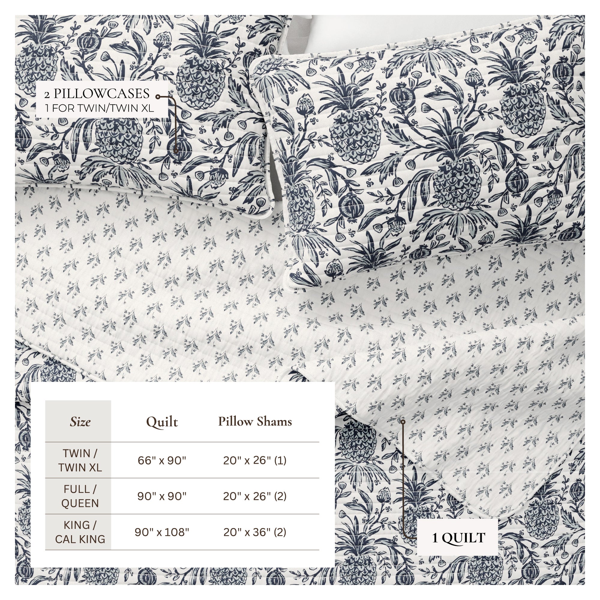 Nautical Printed Cotton Quilt Set - Navy & White Pineapple Themed Bedding