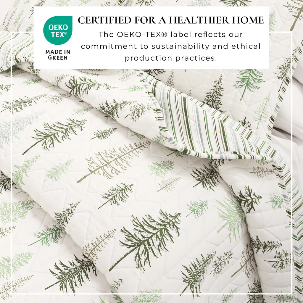 Lodge Quilt - White With Evergreen Trees - Fall & Christmas Themed Bedding