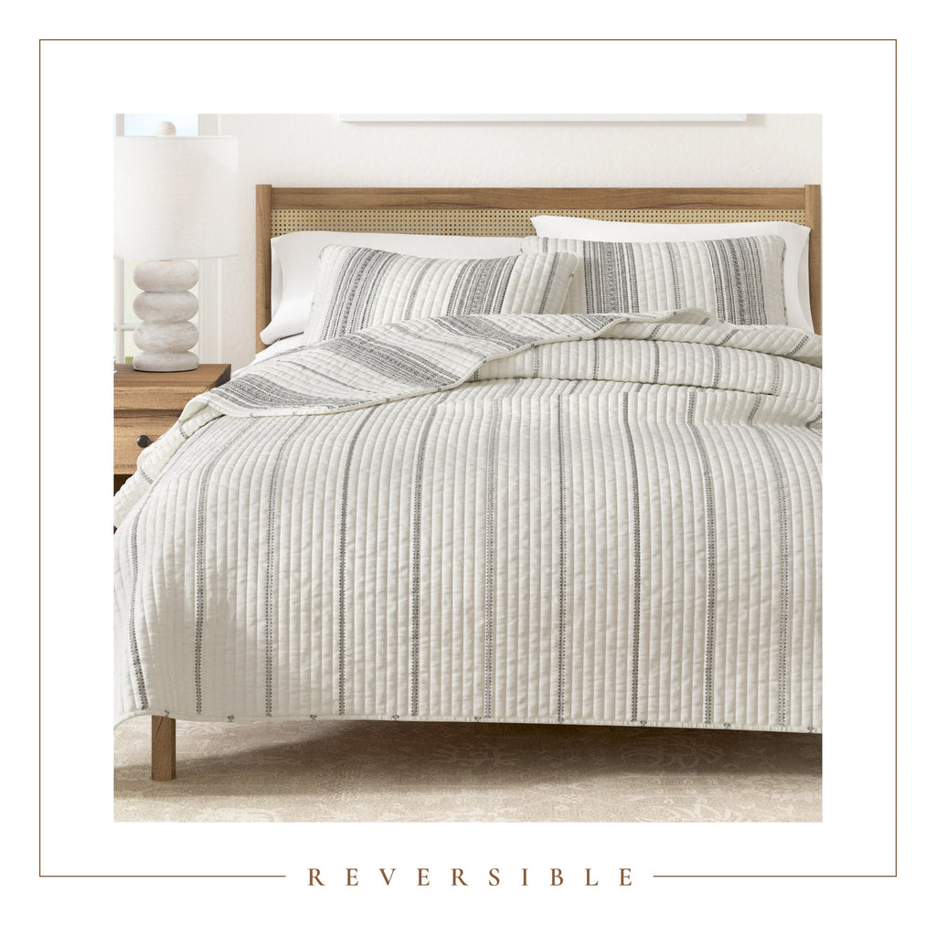 "Coastal Stripe Quilt - White Quilt With Navy, Red, Green Or Grey Stripes"