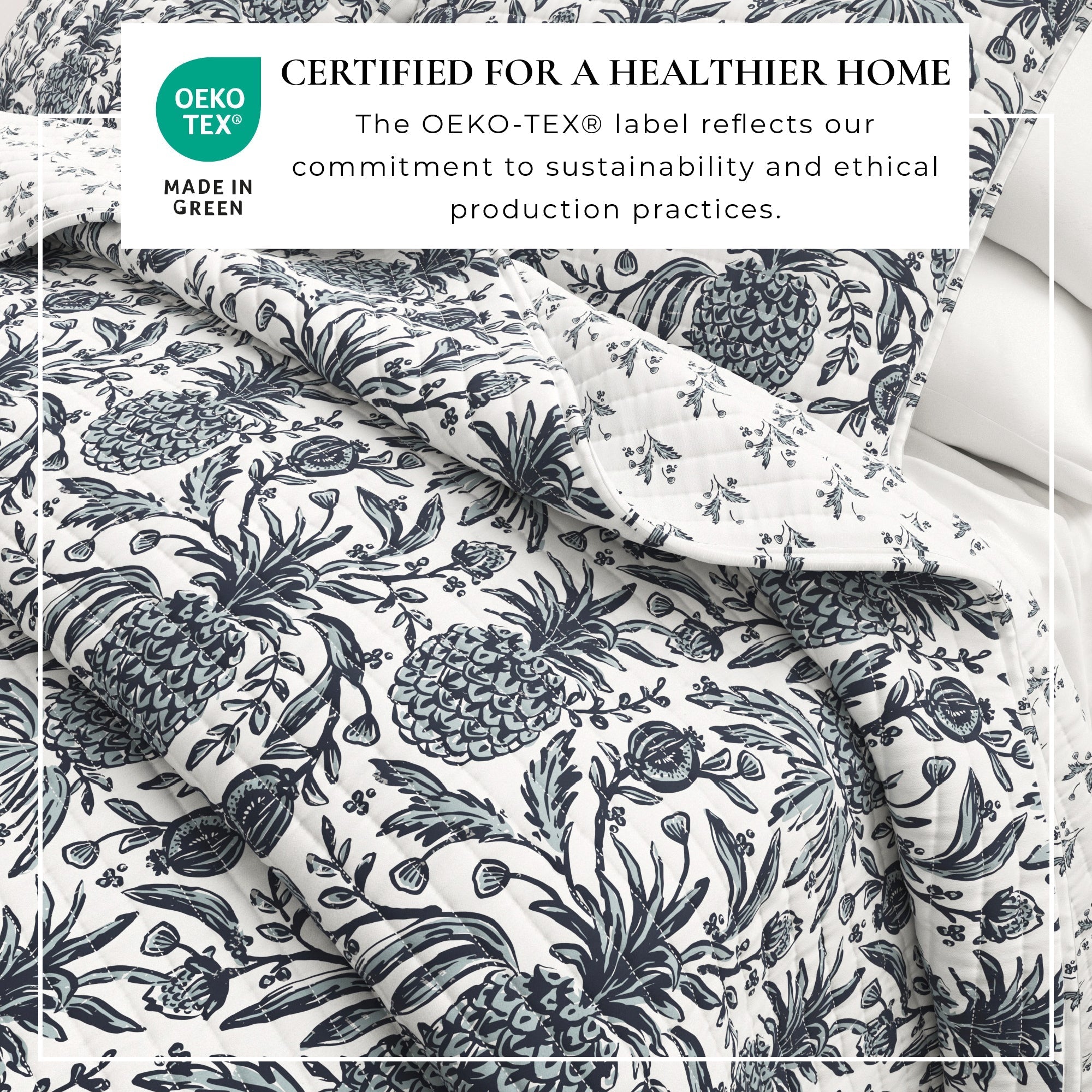 Nautical Printed Cotton Quilt Set - Navy & White Pineapple Themed Bedding