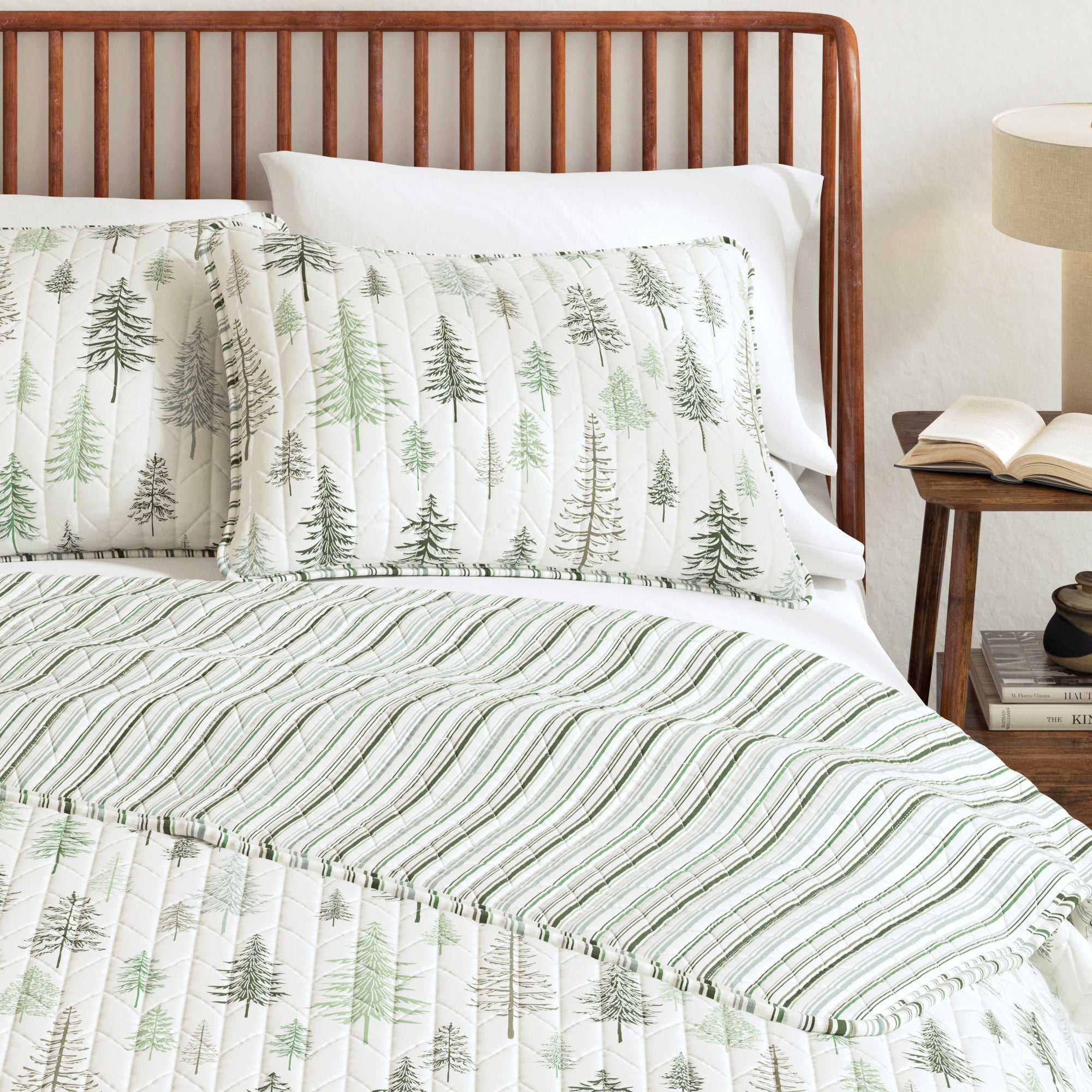 Lodge Quilt - White With Evergreen Trees - Fall & Christmas Themed Bedding