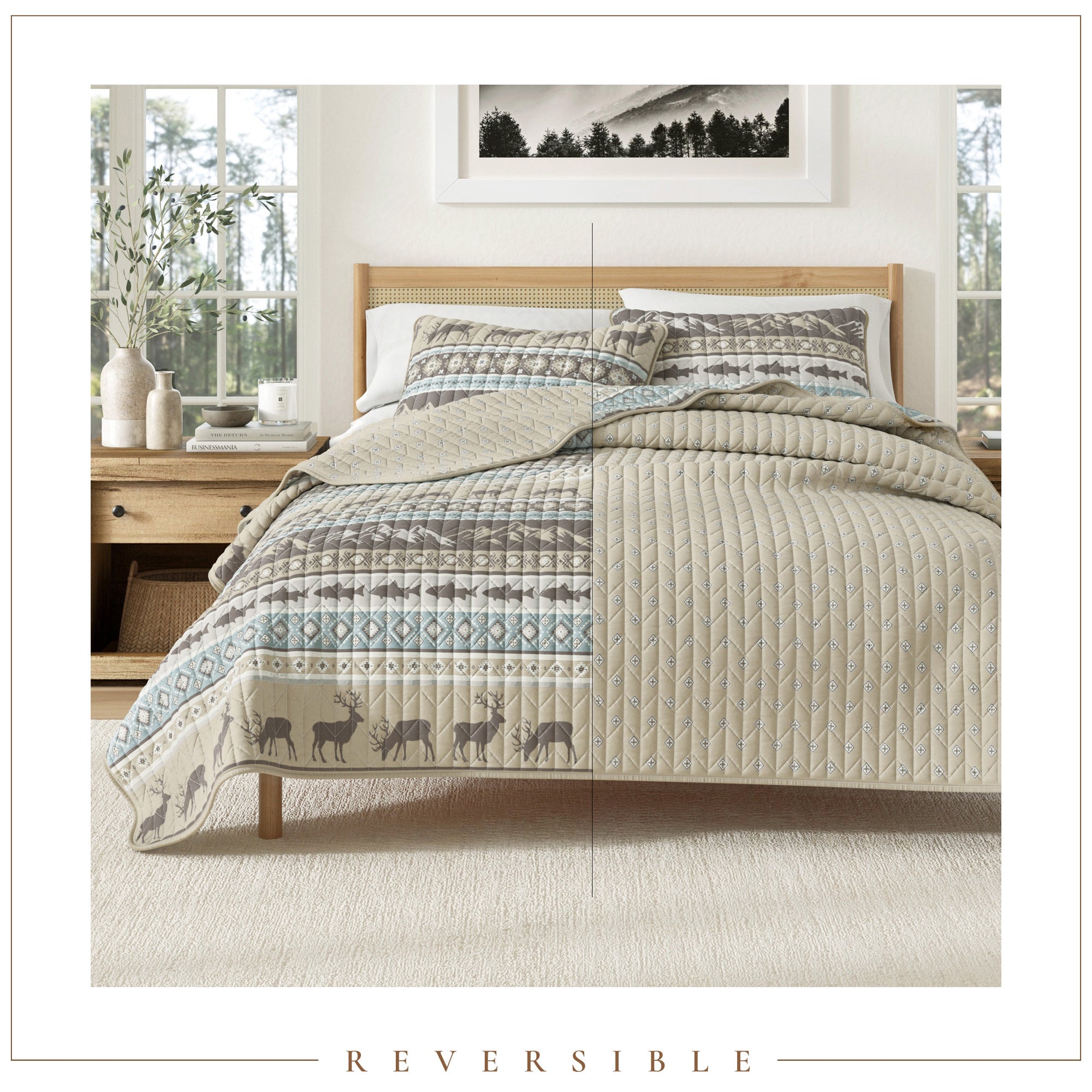 "Lodge Themed Quilt Set - Moose, Fish & Nature Themed Bedding"