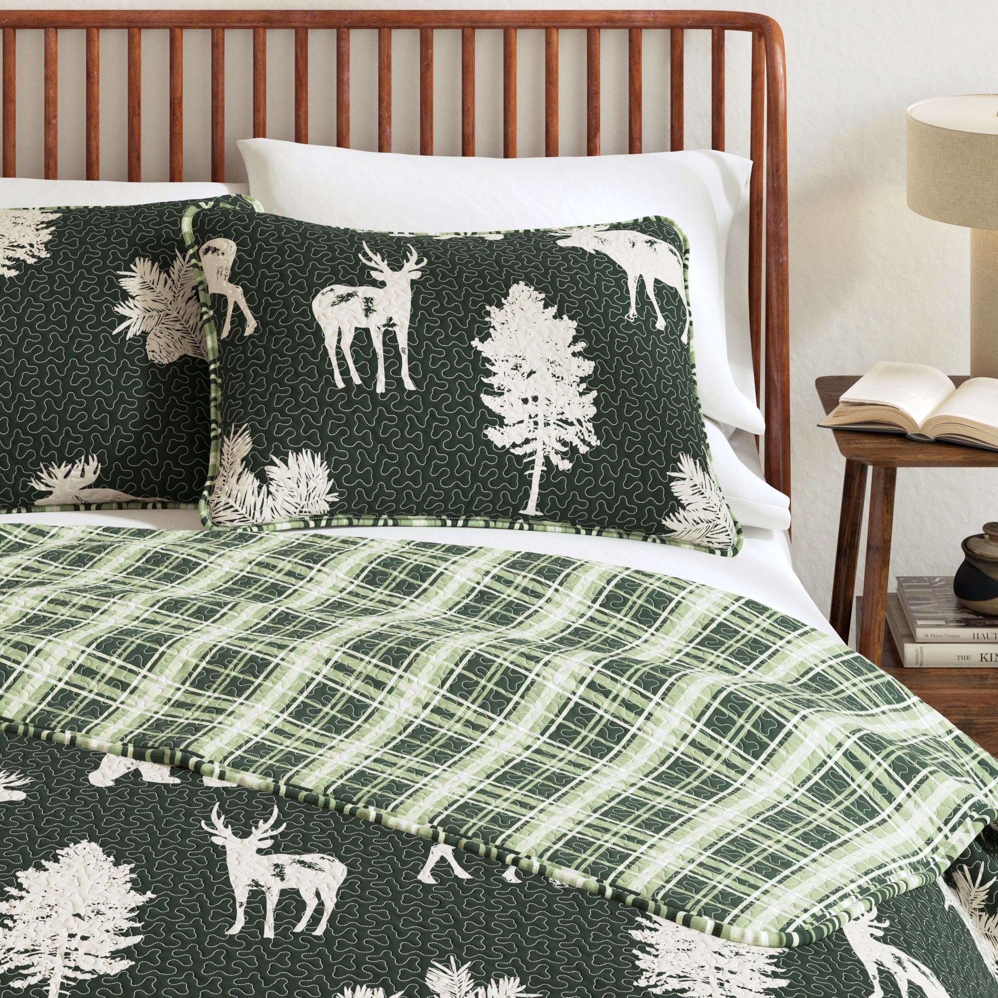 "Lodge Quilt - Green With Deer, Moose, Trees - Fall Themed Bedding"