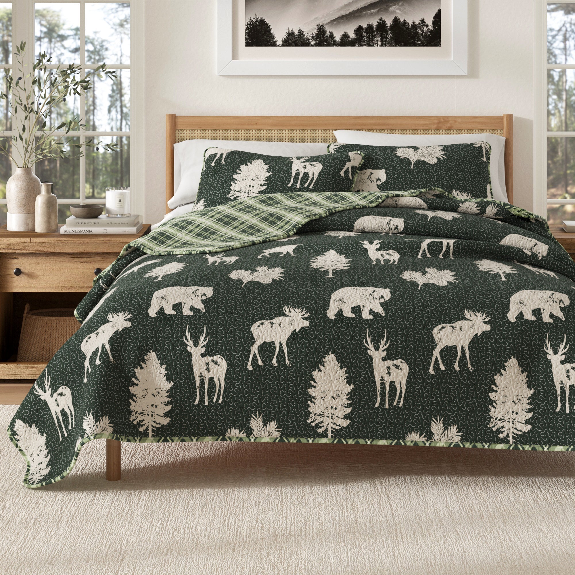"Lodge Quilt - Green With Deer, Moose, Trees - Fall Themed Bedding"